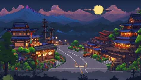 pixel art. It depicts a Japanese asphalt mountain road surrounded by bumpers on a dark night with many sharp turns, illuminated by faded old lanterns, Against the background of a high mountain. Against the background is a small village, and around there is...