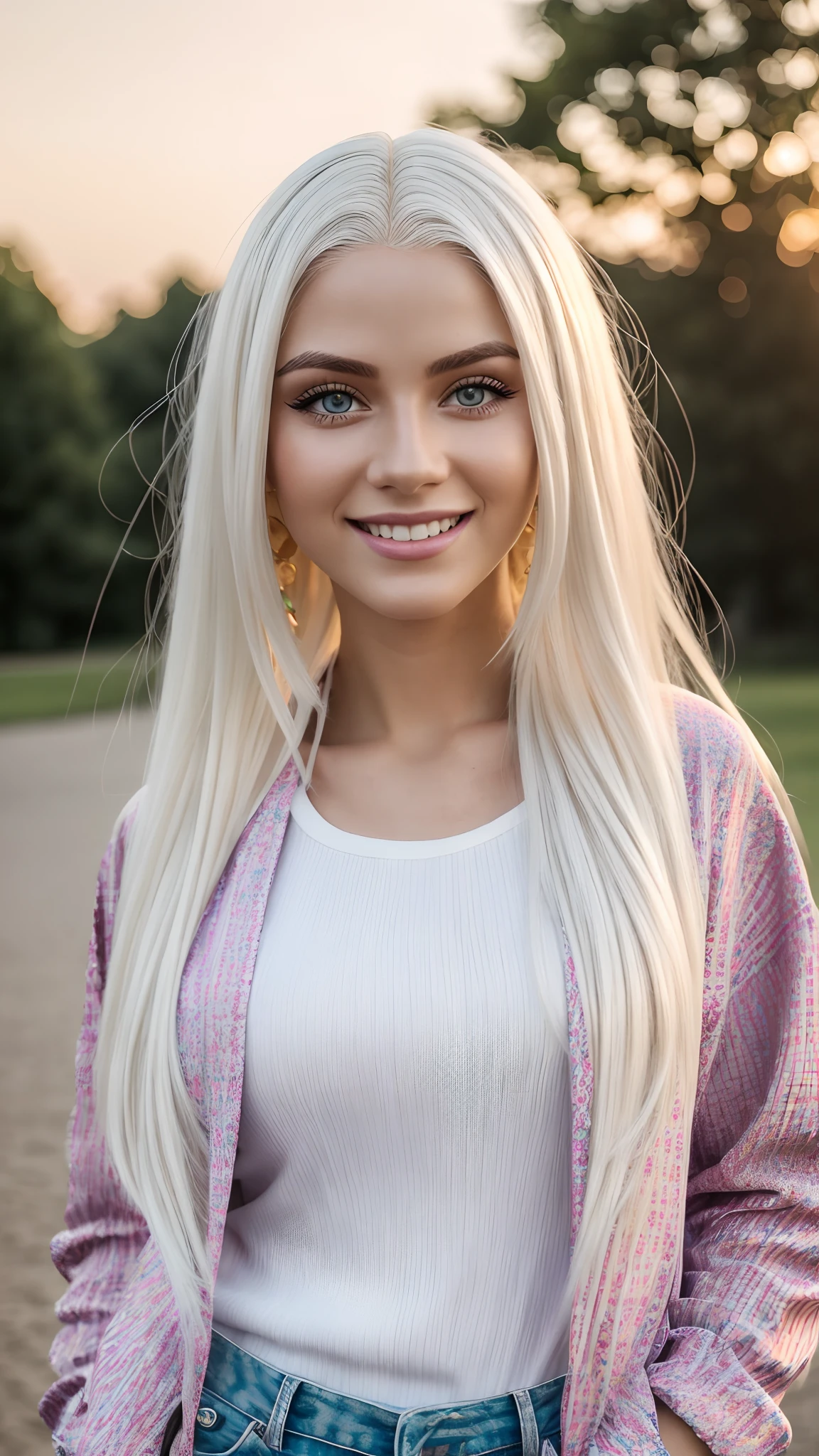 Hyper realistic and detailed full body photo of one blonde (extra long white hair) young smiling beautiful woman wearing a modern trendy colorful and casual outfit. Sunset. Park. perfect eyes, (Eye makeup:1.1), (highly detailed skin:1.1), RAW, analog style, sharp focus, 8k UHD, DSLR, high quality, Fujifilm XT3, grain, award winning, masterpiece.