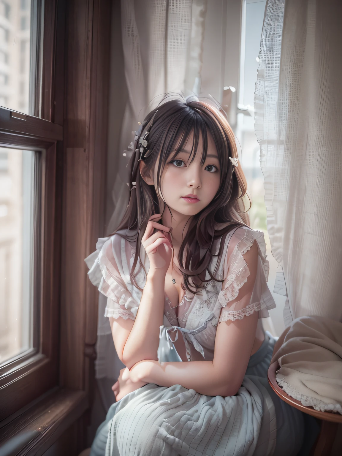 Woman sitting on chair by window, Leaning against the window, Shot with Canon EOA 6 D Mark II, Portrait Soft Light, delicate soft hazy lighting, Soft light from the window,Farbe々Put on a costume and sit on the window sill, portrait soft low light, Soft lighting and focus, beautiful soft lighting, cozy studio photography, Anime. Soft lighting、Beautiful adult woman