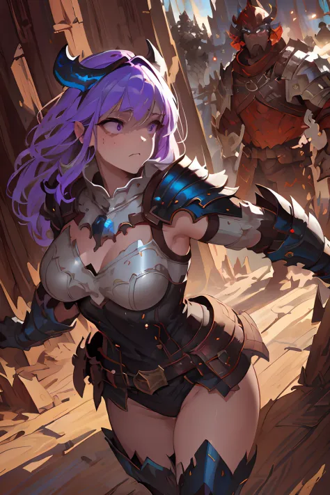 Beautiful woman, medium breasts, lavender hair, violet eyes, Dragon Armor, Dragon helmet, running from a forest fire, oil painti...