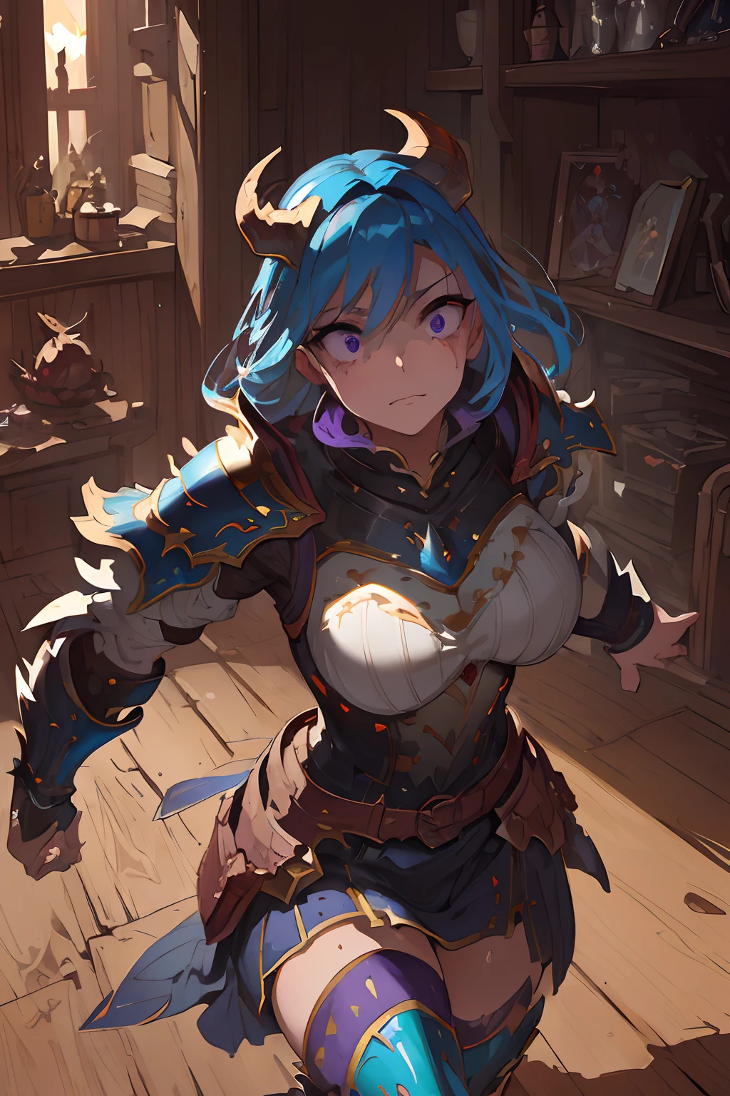 Beautiful woman, medium breasts, lavender hair, violet eyes, Dragon Armor, Dragon helmet, running from a forest fire, oil painting, detailed brush strokes, high contrast, vibrant colors, dramatic lighting, fantasy genre. (best quality, 8k, realistic:1.37), (forest fire), (Dragon Armor:1.1), (Dragon helmet:1.1), (running), (lavender hair), (violet eyes), (medium breasts), (oil painting), (detailed brush strokes), (high contrast), (vibrant colors), (dramatic lighting), (fantasy genre), (Henti genre), (portrait style), (dynamic composition), (intense atmosphere), (heroic pose), (leaping movement), [soft pastels], [subdued tones], [gentle lighting], [dreamy atmosphere], (Golden Dragon Knight).