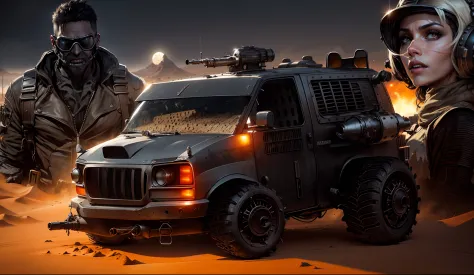 Um carro preto e estragado no estilo de Mad Max todo poderoso com torpedos e turbina, behind a pilot in Mad Max-style clothes and on the other side a beautiful Mad Max-style warrior woman and in the background a city in the middle of the desert with Mad Ma...