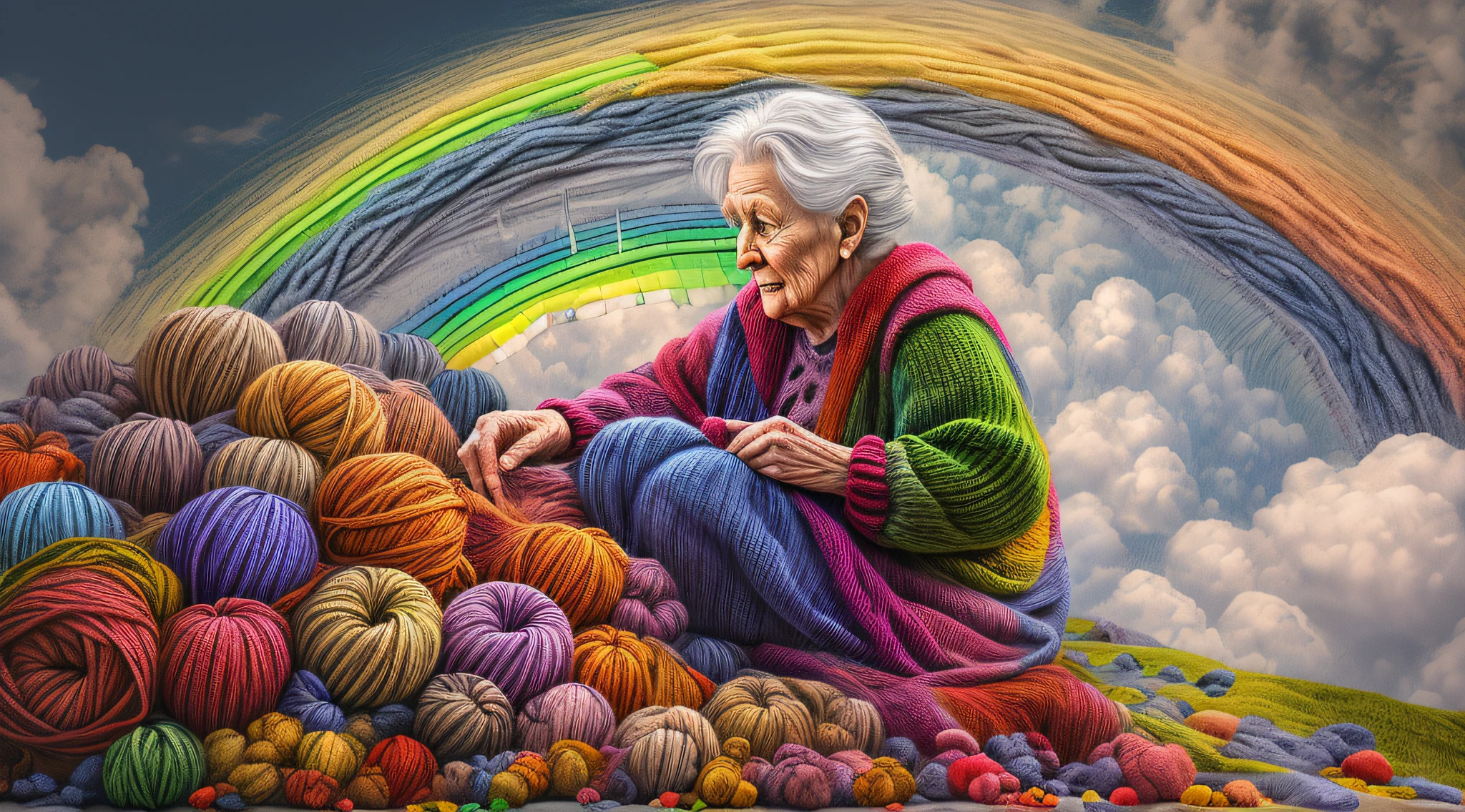 high details, best quality, 16k, [ultra detailed], masterpiece, best quality, dynamic angle, ultra wide shot, RAW, photorealistic, fantasy art, realistic art, a picture of a old woman sitting in heaven knitting the rainbow, an old human woman, dynamic hair, dynamic clothes, sitting on a cloud knitting the rainbow, full colored, (perfect spectrum: 1.3),( vibrant work: 1.4)  vibrant shades of red, orange, yellow, green, blue, indigo, violet of knitting, perfect colors, the rainbow falls into the sky from the old woman who knits, 16k, ultra detailed, masterpiece, best quality, ultra detailed, full body, ultra wide shot, photorealistic,