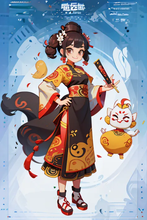 IP，Three View，Han culture，cartoony，planar，China-style，National tide，Chinese costumes，long  skirt，ssmile，Line，ink