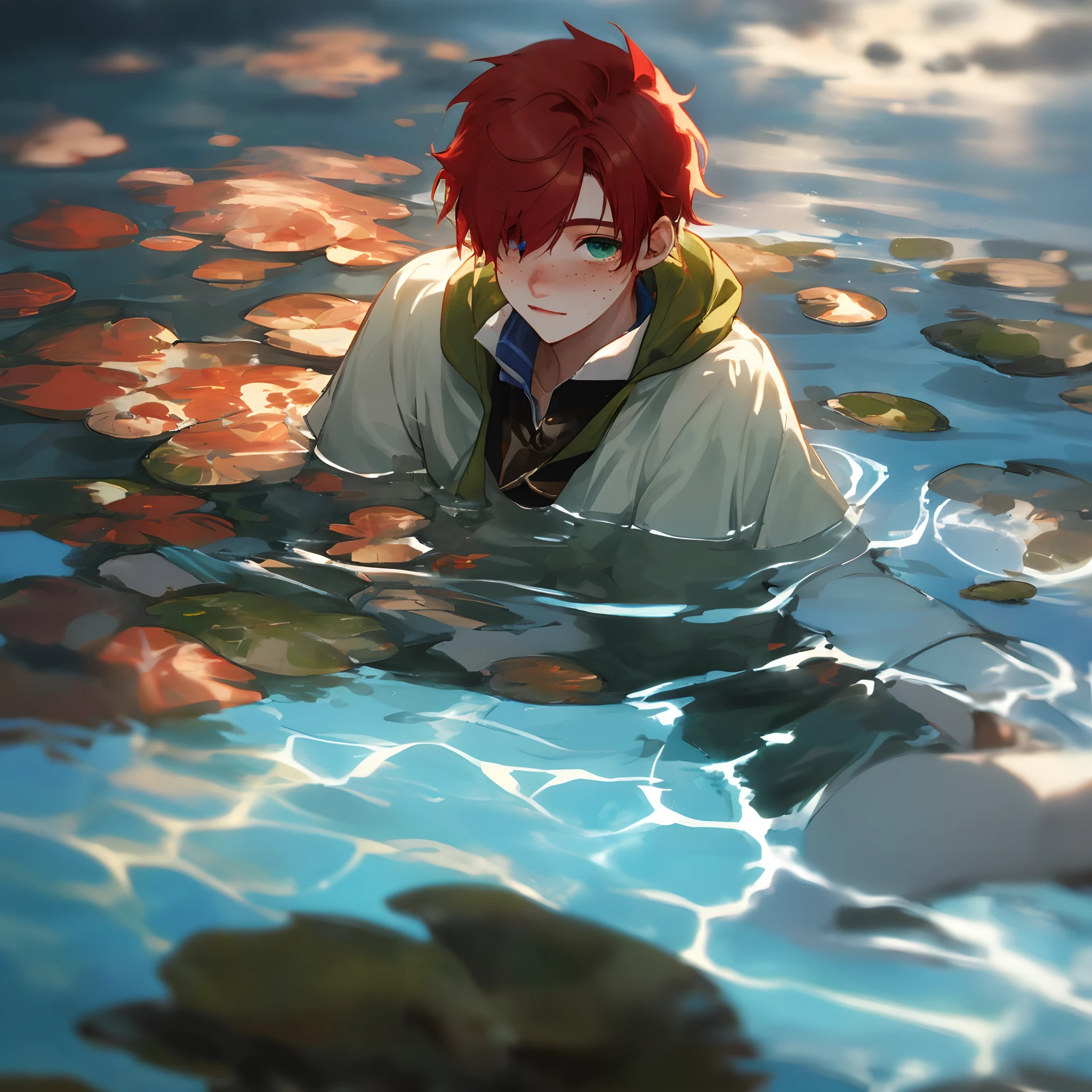 Anime boy in a green jacket in a body of water - SeaArt AI