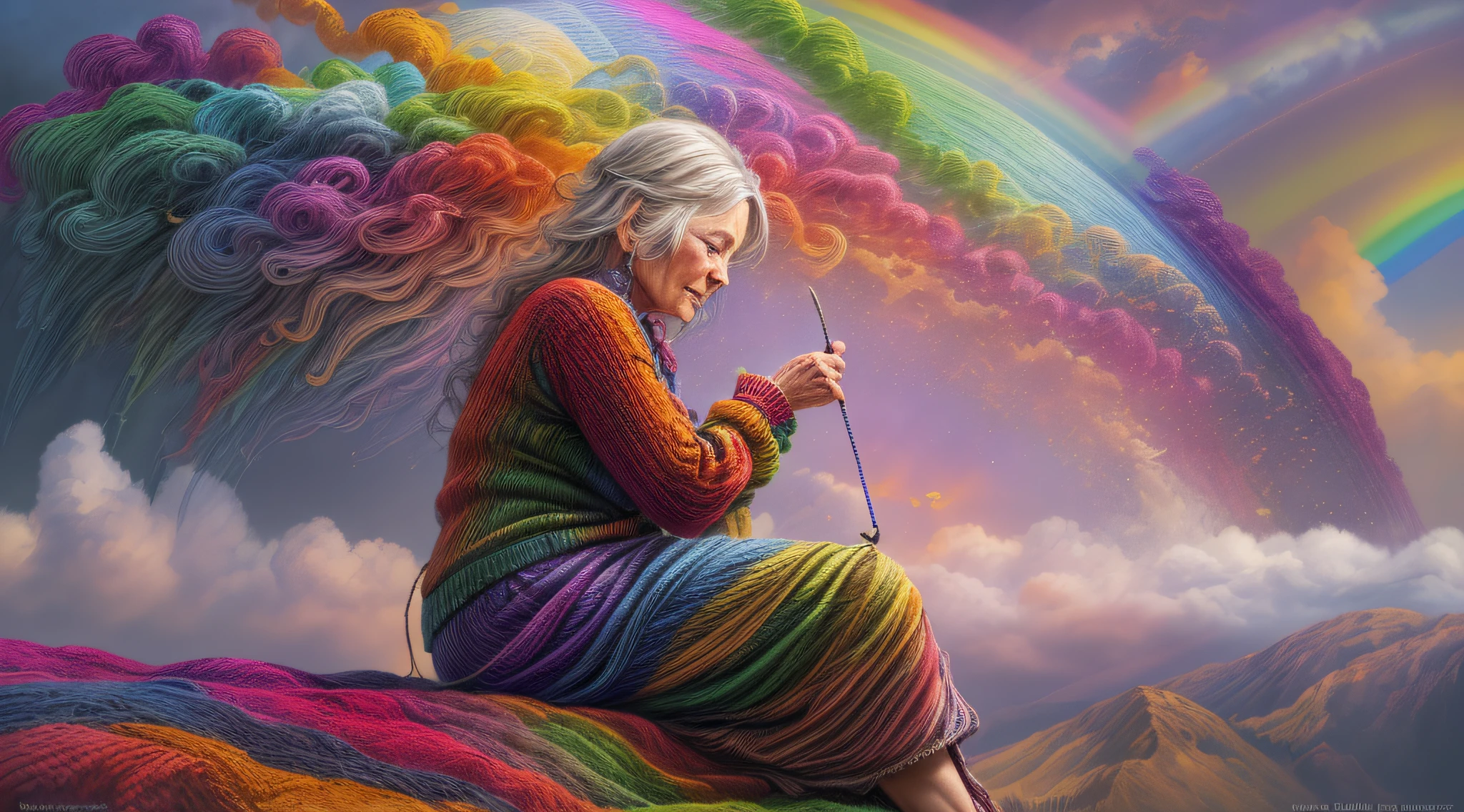 high details, best quality, 16k, [ultra detailed], masterpiece, best quality, dynamic angle, ultra wide shot, RAW, photorealistic, fantasy art, realistic art, a picture of a old woman sitting in heaven knitting the rainbow, an (old human woman: 1.2) , dynamic hair, dynamic clothes, sitting on a cloud knitting the rainbow, full colored, (perfect spectrum: 1.3),( vibrant work: 1.4)  vibrant shades of red, orange, yellow, green, blue, indigo, violet of knitting, perfect colors, the rainbow falls into the sky from the old woman who knits, 16k, ultra detailed, masterpiece, best quality, ultra detailed, full body, ultra wide shot, photorealistic,