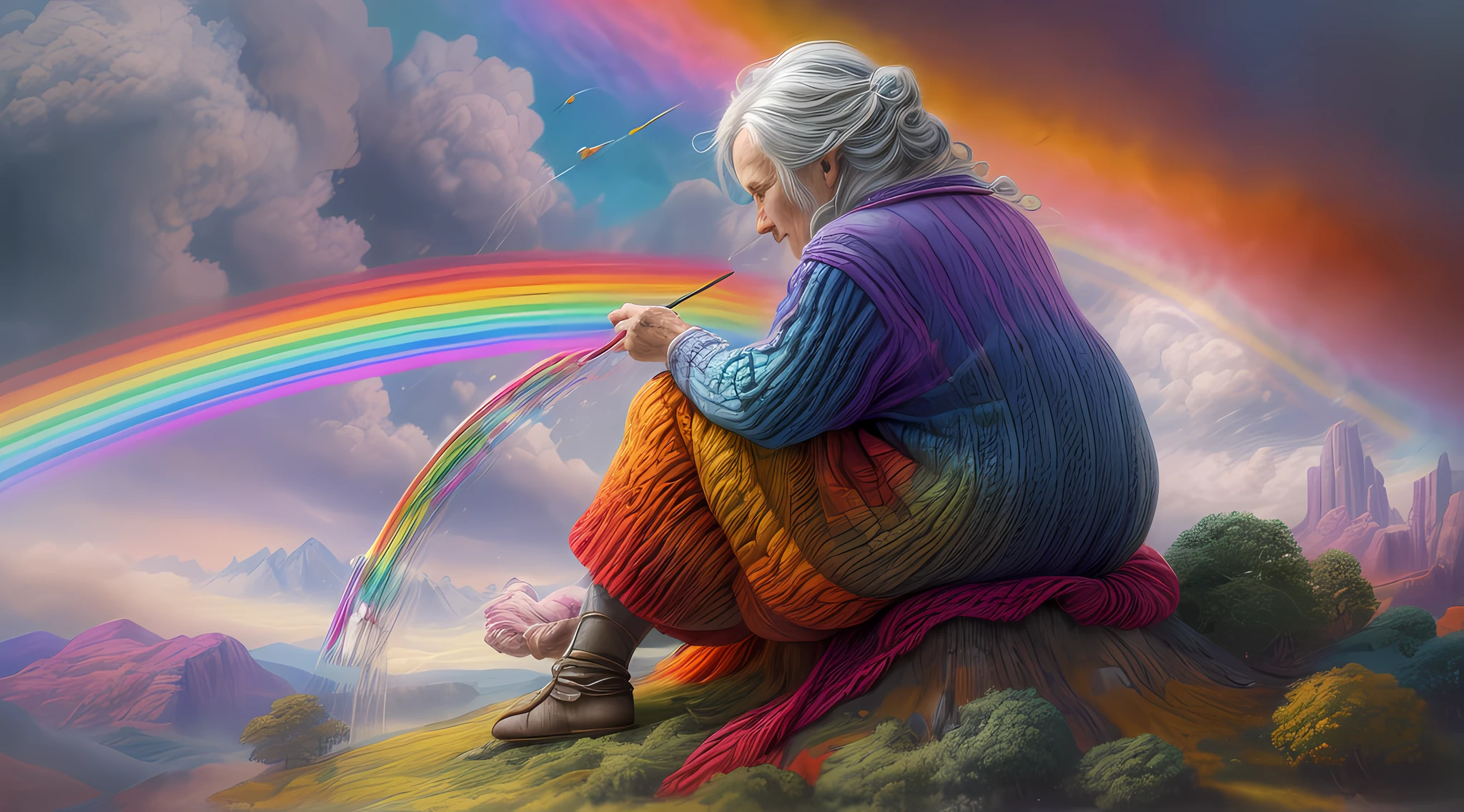 high details, best quality, 16k, [ultra detailed], masterpiece, best quality, dynamic angle, ultra wide shot, RAW, photorealistic, fantasy art, realistic art, a picture of a old woman sitting in heaven knitting the rainbow, an (old human woman: 1.2) , dynamic hair, dynamic clothes, sitting on a cloud knitting the rainbow, full colored, (perfect spectrum: 1.3),( vibrant work: 1.4)  vibrant shades of red, orange, yellow, green, blue, indigo, violet of knitting, perfect colors, the rainbow falls into the sky from the old woman who knits, 16k, ultra detailed, masterpiece, best quality, ultra detailed, full body, ultra wide shot, photorealistic,