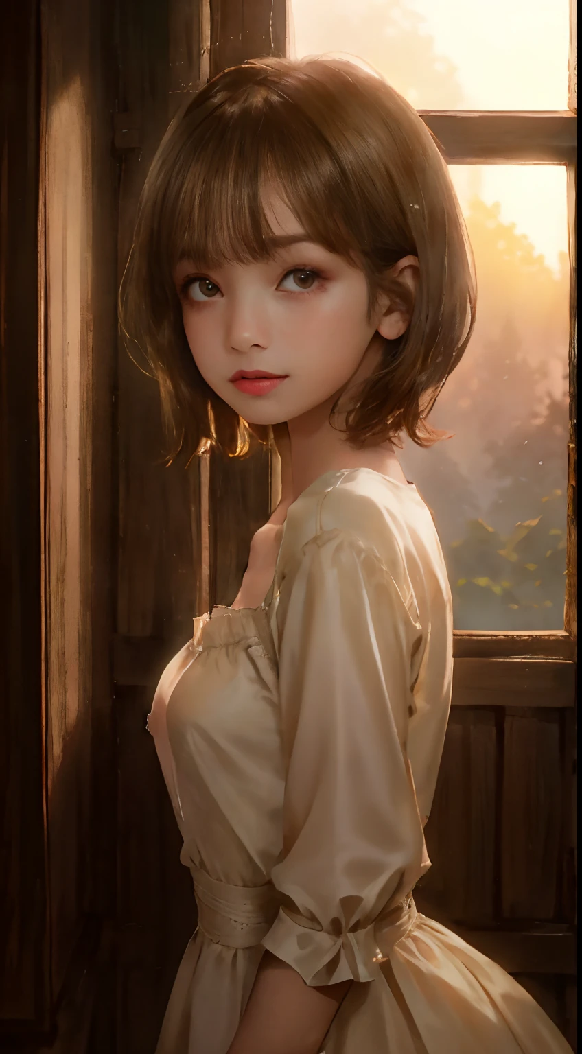 ((14 year old pre-teen girl)), dress, breast to face shot, very light skin, short hair, forest, wooden houses, sunset, photorealistic, indirect lighting, volumetric light, ray tracing, hyperdetailed