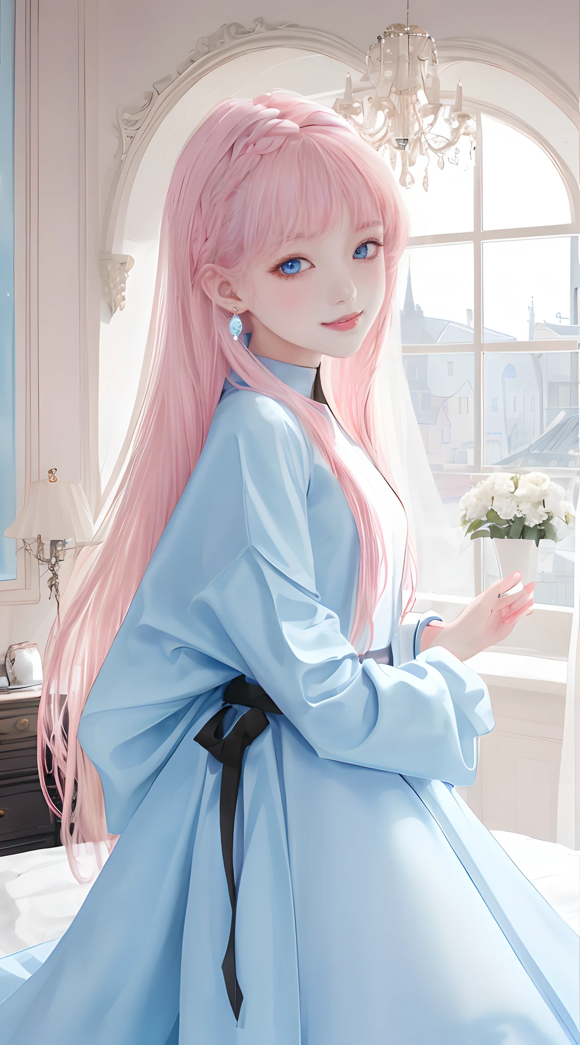 (​masterpiece、top-quality)、1 beutiful girl、A smile、Slim body、(Black and white plain clothes:1.1)、(Detailed beautiful eyes)、Bedroom、in a house、((Pink longhair))、a small face、tall、((Light blue eyes))、kawaii pose