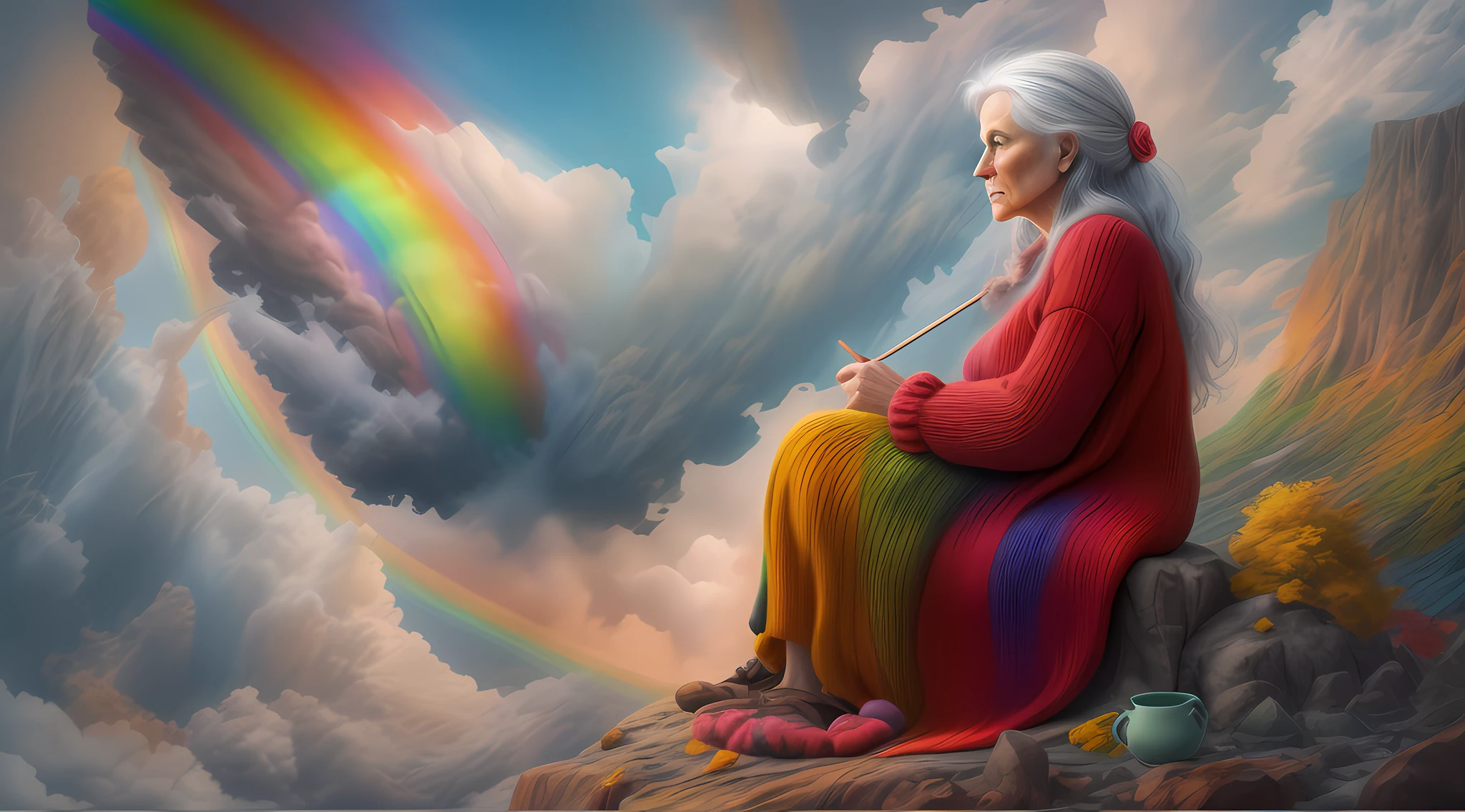 high details, best quality, 16k, [ultra detailed], masterpiece, best quality, dynamic angle, ultra wide shot, RAW, photorealistic, fantasy art, realistic art, a picture of a old woman sitting in heaven knitting the rainbow, an (old human woman: 1.2) , dynamic hair, dynamic clothes, sitting on a cloud knitting the rainbow, full colored, (perfect spectrum: 1.3),( vibrant work: 1.4)  vibrant shades of red, orange, yellow, green, blue, indigo, violet of knitting, perfect colors, the rainbow falls into the sky from the old woman who knits, 16k, ultra detailed, masterpiece, best quality, ultra detailed, full body, ultra wide shot, photorealistic, 3d rendering