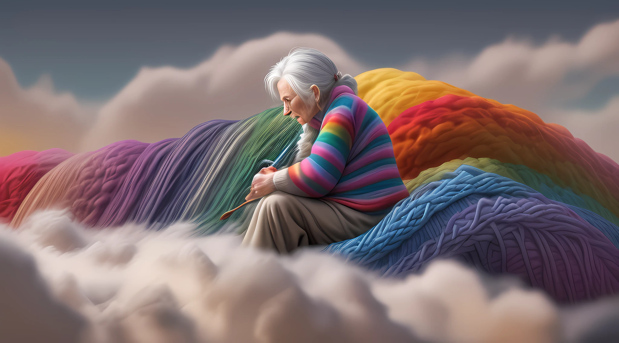 high details, best quality, 16k, [ultra detailed], masterpiece, best quality, dynamic angle, ultra wide shot, RAW, photorealistic, fantasy art, realistic art, a picture of a old woman sitting in heaven knitting the rainbow, an (old human woman: 1.2) , dynamic hair, dynamic clothes, sitting on a cloud knitting the rainbow, full colored, (perfect spectrum: 1.3),( vibrant work: 1.4)  vibrant shades of red, orange, yellow, green, blue, indigo, violet of knitting, perfect colors, the rainbow falls into the sky from the old woman who knits, 16k, ultra detailed, masterpiece, best quality, ultra detailed, full body, ultra wide shot, photorealistic, 3d rendering