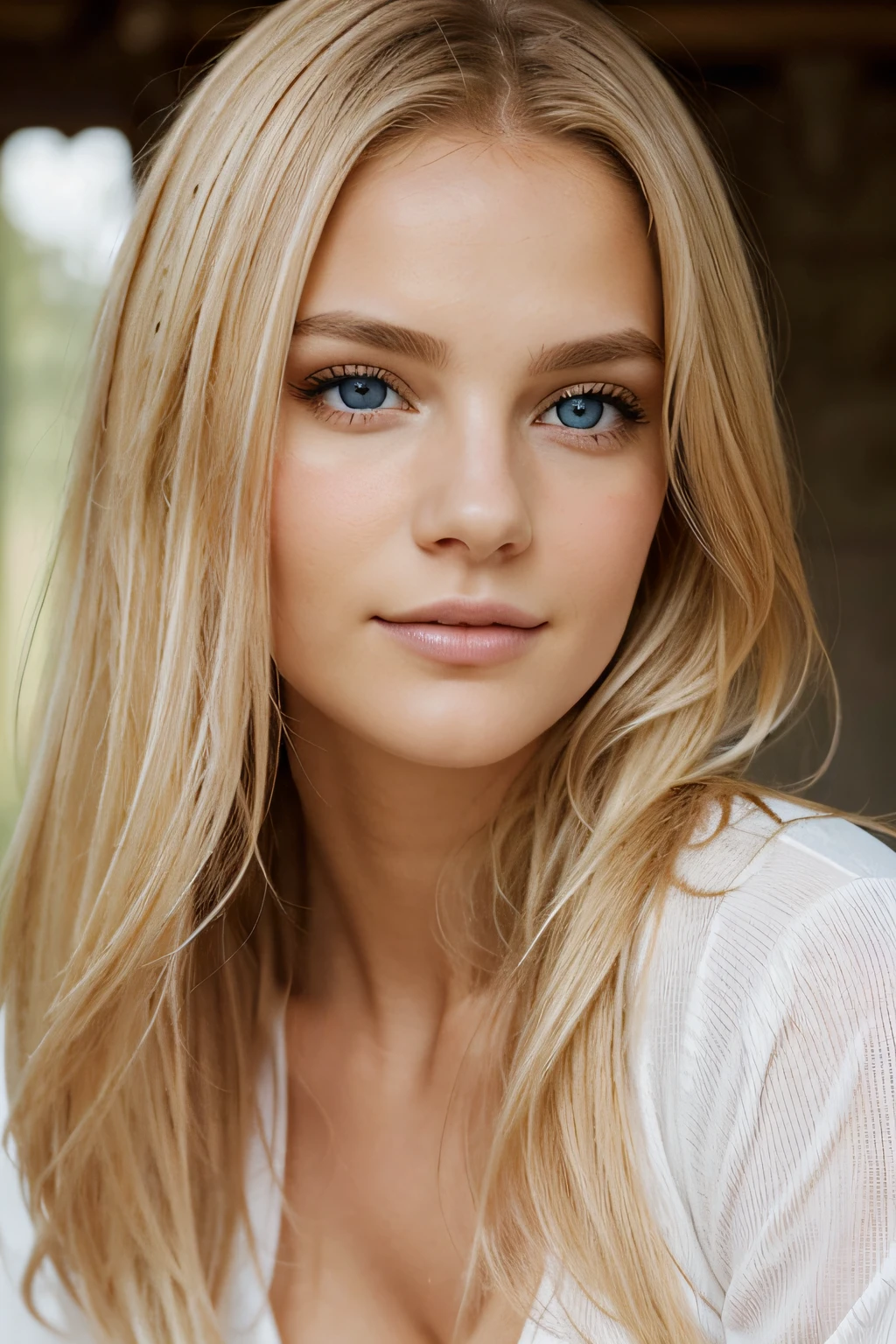 A close up of a woman with long blonde hair and blue eyes - SeaArt AI