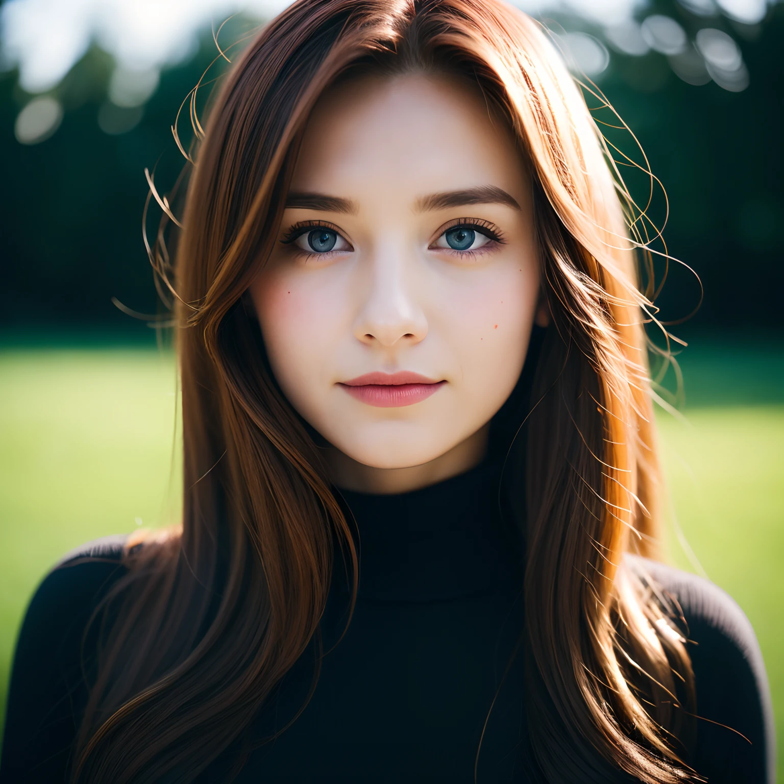 detailed and realistic close portrait of 1girl, 18 year old, blue eyes, red_hair, long_hair, closed_mouth, lips, smile, long_hair, looking_at_viewer, wearing a black sweater, turtleneck, shot outside, soft natural lighting, portrait photography, magical photography, dramatic lighting, photo realism, ultra-detailed, intimate portrait composition, Leica 50mm, f1. 4