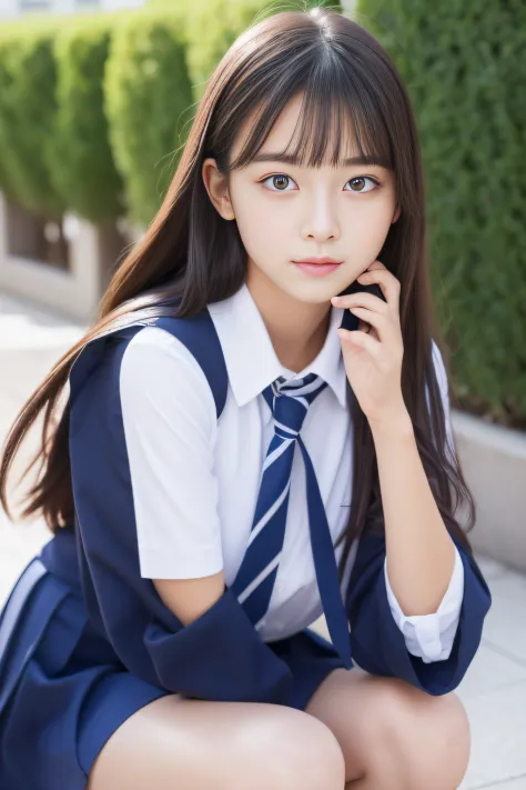8K beautiful schoolgirl in summer uniform with double eyelids　Studying