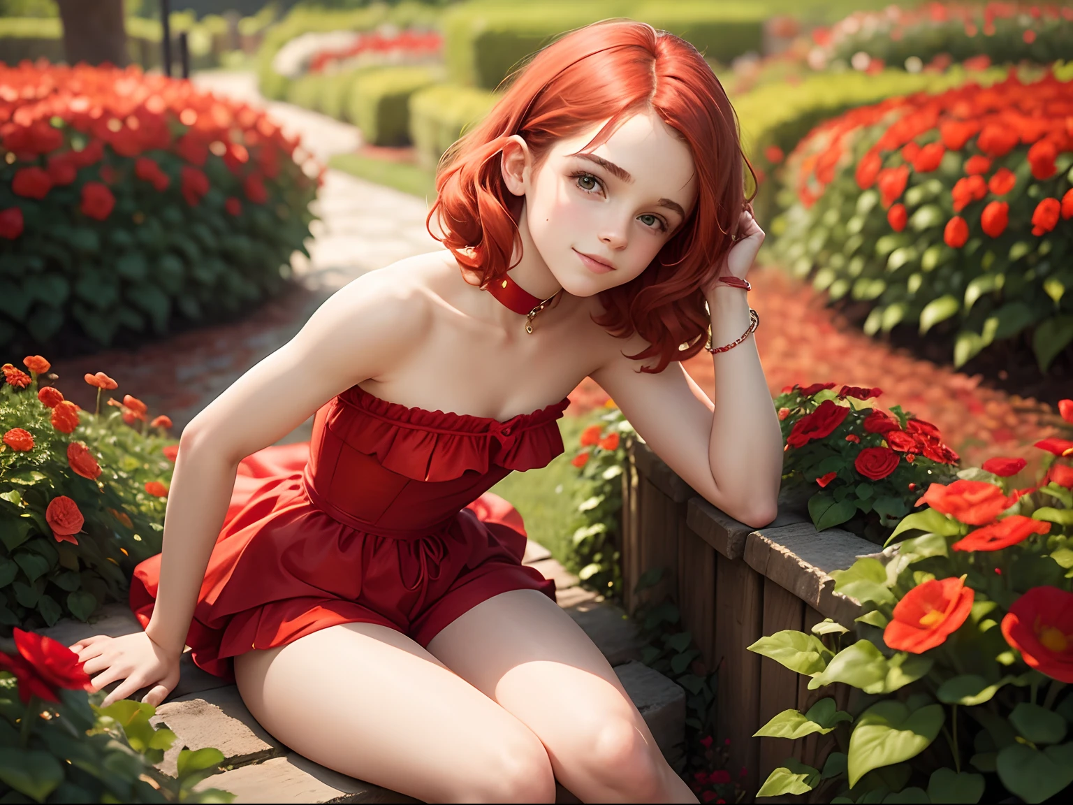 Femme aux cheveux rousse en robe rouge assise sur un banc dans un jardin -  SeaArt AI