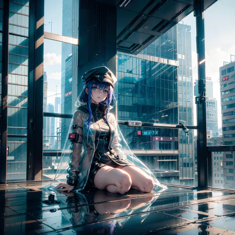 ((cyberpunk girl wearing transparent raincoat with cap sitting on the edge of a building with loose legs in the air, chovendo)):...