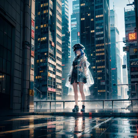 ((cyberpunk girl wearing transparent raincoat with cap sitting on the edge of a building with loose legs in the air, chovendo)):...