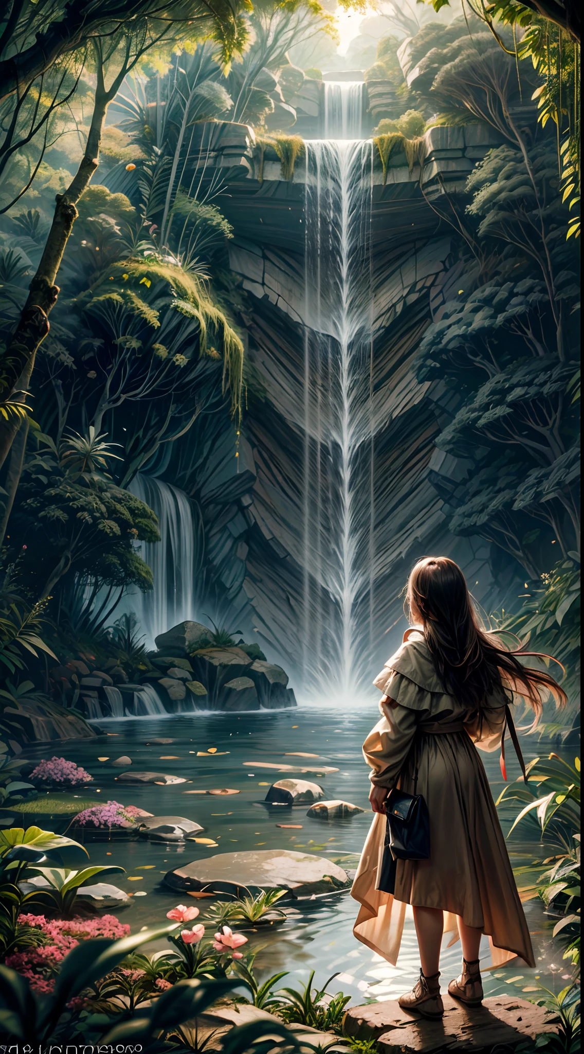 Photograph of a girl standing beneath a cascading waterfall in a cave, golden hour, ((dramatic shadows)), ((serene silhouette)), mesmerizing, powerful, hidden oasis, sun-kissed, wild beauty