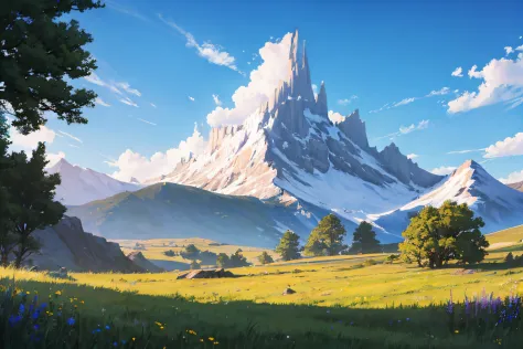 ConceptArt, no humans, majestic mountain view, grass field and trees, blue sky, beautiful clouds, fantasy scenery