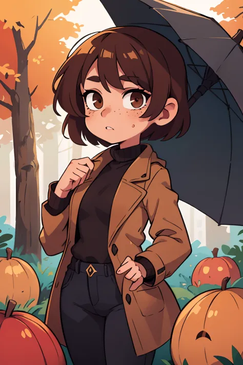 A  girl, with brown short hair, in a brown coat, black oversized jeans,  The eyes are brown, freckles on her face, Autumn Park, ...