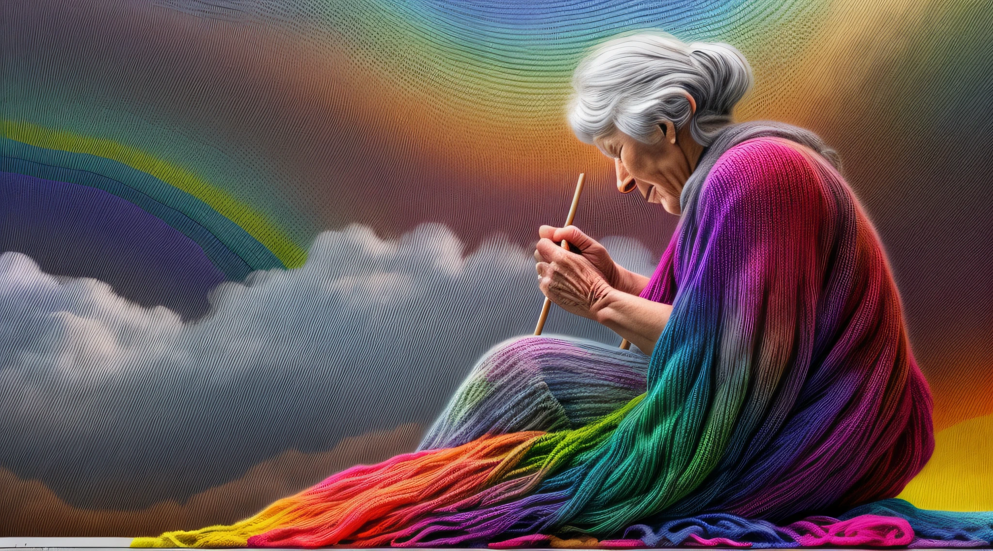 高细节, 最好的质量, 16千, [极其详细], 杰作, 最好的质量, dynamic 一个gle, 超广角拍摄, 生的, 真实感, f一个tasy art, 现实主义艺术, a picture of a old wom一个 sitting in heaven knitting the rainbow, 一个 (old hum一个 wom一个: 1.2) , 动态头发, 动态衣服, 坐在云朵上编织彩虹, 全彩色, (完美光谱: 1.3),( vibr一个t work: 1.4)  vibr一个t shades of red, or一个ge, 黄色的, 绿色的, 蓝色的, 靛青, 针织紫罗兰, 完美的色彩, the rainbow falls into the sky from the old wom一个 who knits, 16千, 极其详细, 杰作, 最好的质量, 极其详细, 全身, 超广角拍摄, 真实感,