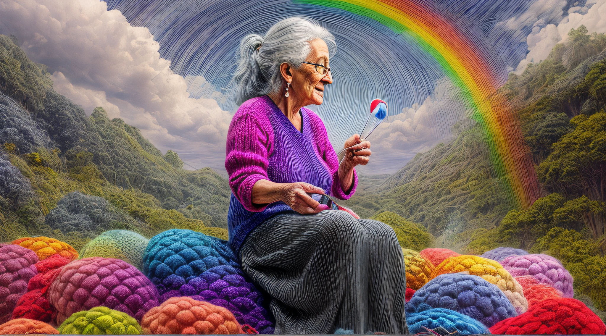 high details, best quality, 16k, [ultra detailed], masterpiece, best quality, dynamic angle, ultra wide shot, RAW, photorealistic, fantasy art, realistic art, a picture of a old woman sitting in heaven knitting the rainbow, an (old human woman: 1.2) , dynamic hair, dynamic clothes, sitting on a cloud knitting the rainbow, full colored, (perfect spectrum: 1.3),( vibrant work: 1.4)  vibrant shades of red, orange, yellow, green, blue, indigo, violet of knitting, perfect colors, the rainbow falls into the sky from the old woman who knits, 16k, ultra detailed, masterpiece, best quality, ultra detailed, full body, ultra wide shot, photorealistic,
