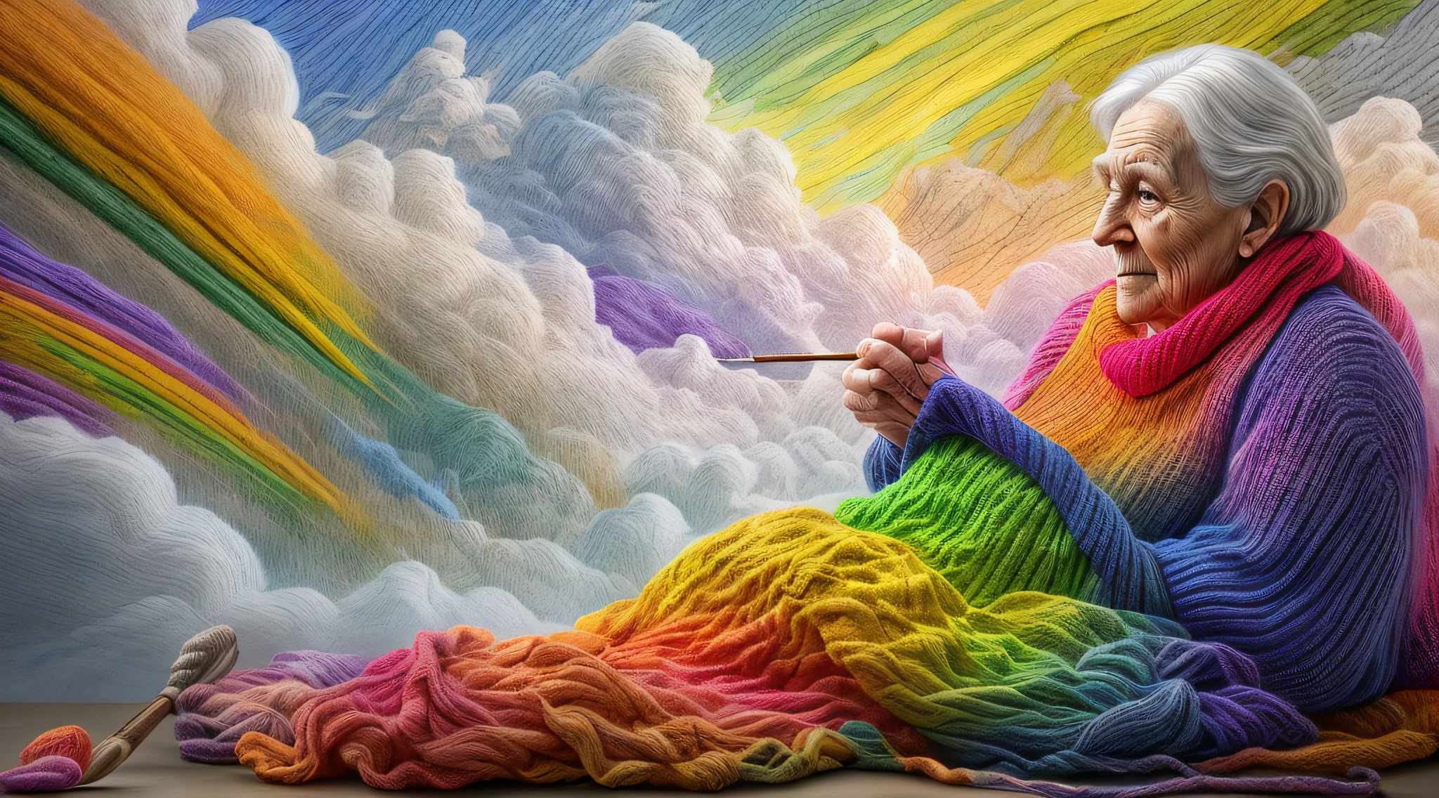 高細節, 最好的品質, 16k, [超詳細], 傑作, 最好的品質, dynamic 一个gle, 超广角拍摄, 生的, 逼真的, f一个tasy art, 现实主义艺术, a picture of a old wom一个 sitting in heaven knitting the rainbow, 一个 (old hum一个 wom一个: 1.2) , 动态头发, 動態服裝, 坐在雲上編織彩虹, 全彩, (完美的光譜: 1.3),( vibr一个t work: 1.4)  vibr一个t shades of red, or一个ge, 黃色的, 綠色的, 藍色的, 靛青, 針織紫羅蘭色, 完美的色彩, the rainbow falls into the sky from the old wom一个 who knits, 16k, 超詳細, 傑作, 最好的品質, 超詳細, 全身, 超广角拍摄, 逼真的,