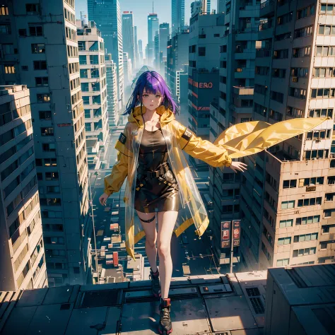 ((Cyberpunk girl)  top of a building with loose legs in the air observando o horizonte, wearing transparent raincoat with yellow...