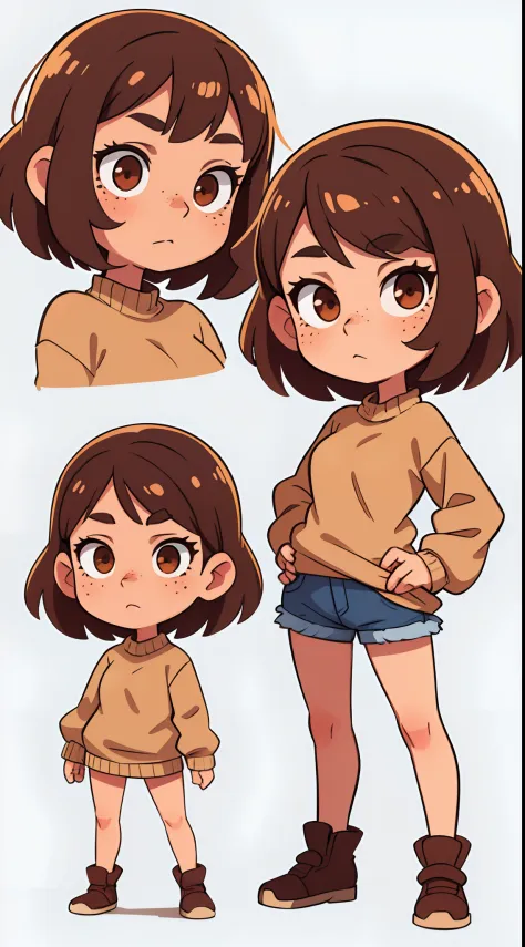 A  girl, with brown short hair, The eyes are brown, freckles on her face, in an oversized sweater, standing pose, character sheet, different angles