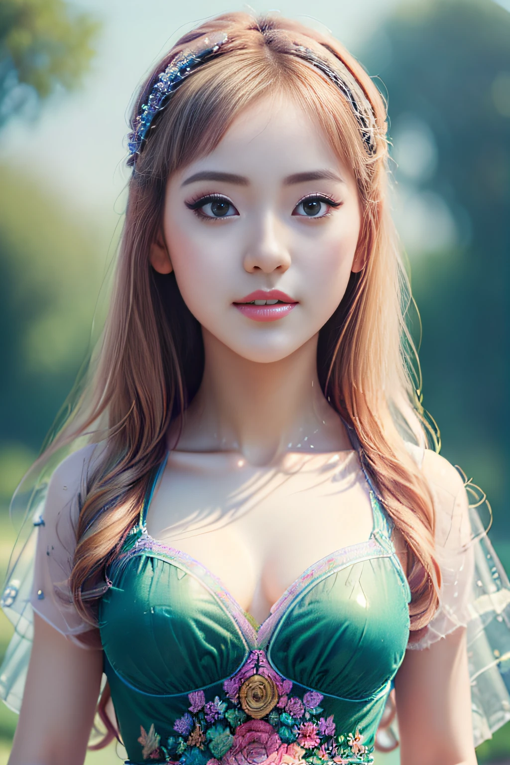 1 girl, green dress, park, bright sunny day, (master piece: 1.2) (realistic: 1.2) (Bokeh) (best quality) (detailed skin: 1.3) (intricate details) (8k) (Eye Detail) (sharp focus ), (Happy)