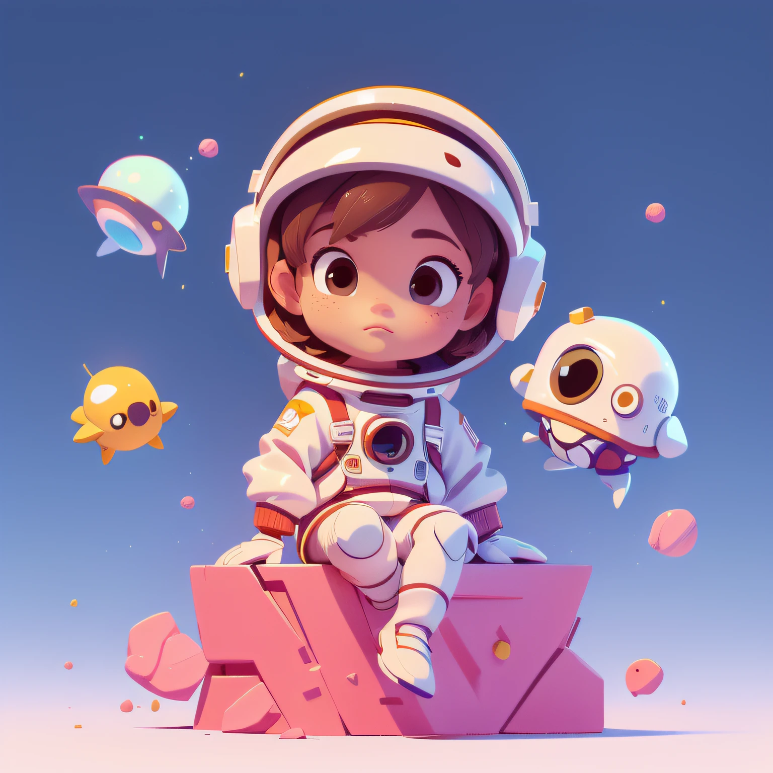 3dcharacter, garments, (full bodyesbian: 1.2), simple backgound, tmasterpiece, best qualityer, (gradient backgrounds: 1.1), 1 persons, Draw a young astronaut, White space helmet with visor, Sit on a research platform floating in the middle of asteroids and star belts