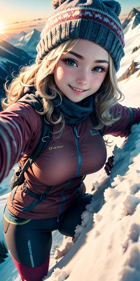 realisticlying、19 year old girl、Face to face with authentic outdoor mountaineering clothing、、Chest large blonde long wavy hair、W...