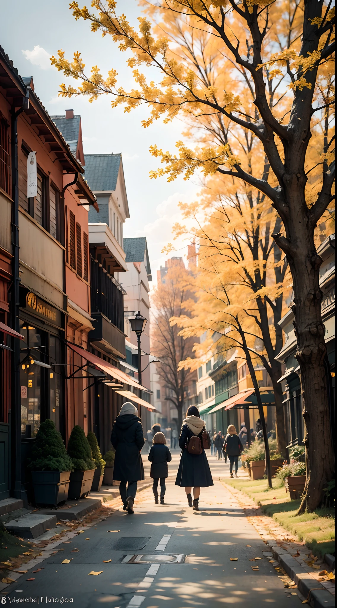 (Best quality,4K,8K,A high resolution,Masterpiece:1.2),Ultra-detailed,(Realistic,Photorealistic,photo-realistic:1.37),Autumn Street,illustration,Beautiful autumn colors,A vibrant leaf on the sidewalk and street,Cozy atmosphere,Fresh air,People strolling on the sidewalk,Warm golden sunlight pours down through the trees,Seasonal décor adds charm and warmth,The leaf-covered ground crunched under the sound of footsteps,Nostalgic architecture with intricate details,Narrow cobbled streets wind through the city,Historic building with colorful facades,Bustling café with outdoor seating,People enjoy hot drinks and chat,Fallen leaves swirl in the breeze,Soft shadows cast by trees,Picturesque town square，Has a majestic fountain,The leaves float gently in the water,Fallen leaves form a natural carpet,The artist captures the scene on canvas,The autumn fragrance of cinnamon and baked goods wafts from a nearby bakery,The endless trees are in full autumn glory,leaves rustling in the wind,Autumn Fashion，Wear it with a comfortable scarf and jacket,People stop to photograph the picturesque landscape,Children playing in piles of leaves,Autumn harvest displayed at a local market,Spontaneous street performances spread joy and laughter,Friendly smile and warm greeting,Fallen leaves dance in the sun,a peaceful and serene atmosphere,Enjoy tranquility in vivid colors,The magical atmosphere that captures the essence of autumn.