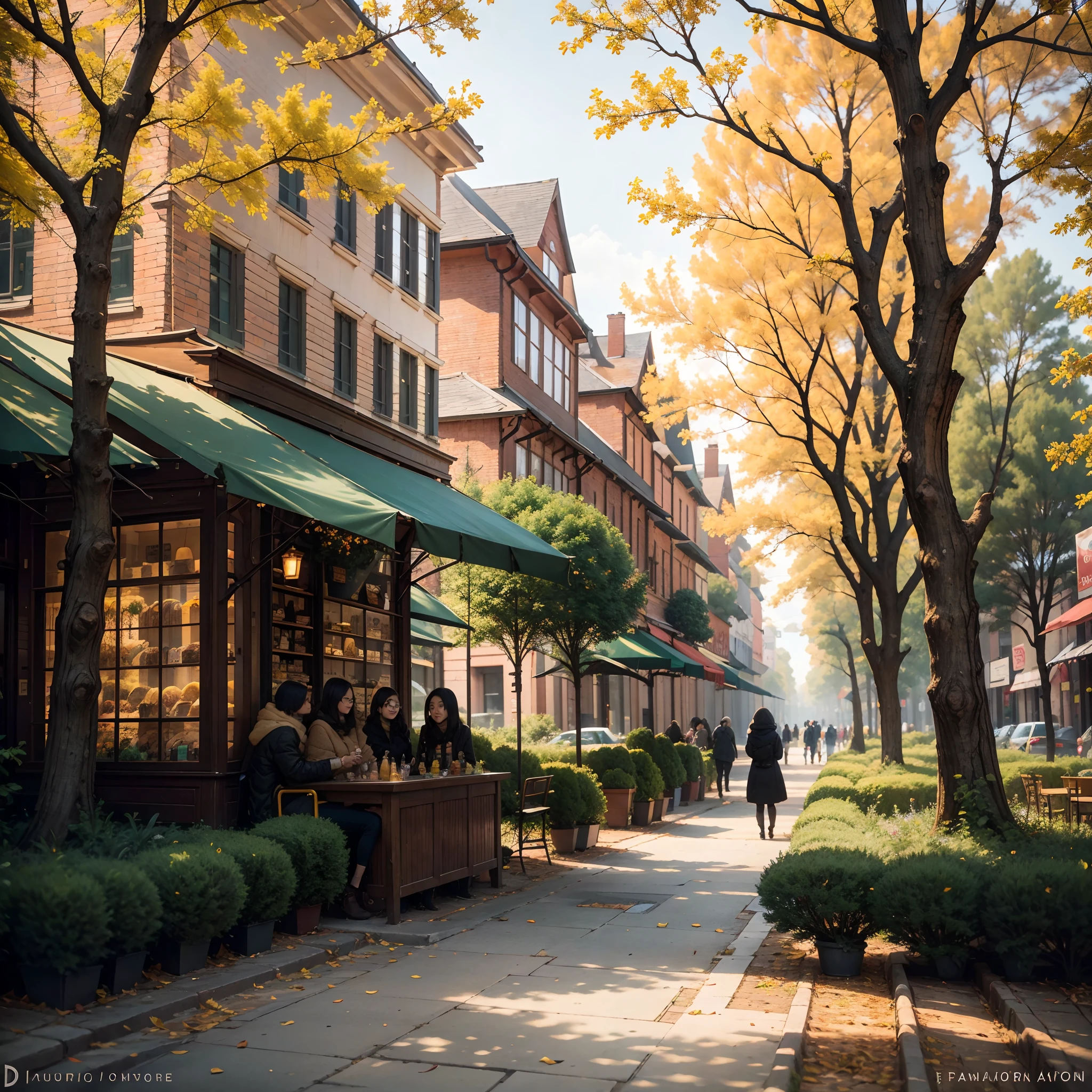 (best quality,4k,8k,highres,masterpiece:1.2),ultra-detailed,(realistic,photorealistic,photo-realistic:1.37),fall street,illustration,beautiful autumn colors,vibrant leaves line the sidewalks and streets,cozy atmosphere,crisp air,people strolling along the sidewalk,warm golden sunlight pouring through the trees,seasonal decorations adding charm and warmth,leaf-covered ground crunching beneath footsteps,nostalgic architecture with intricate details,narrow cobblestone streets winding through the city,historic buildings with colorful facades,bustling cafe with outdoor seating,people enjoying hot beverages and chatting,falling leaves swirling in the breeze,soft shadows cast by the trees,picturesque town square with a majestic fountain,leaves gently floating in the water,fallen leaves forming a natural carpet,an artist capturing the scene on canvas,autumn aromas of cinnamon and baked goods wafting from a nearby bakery,endless rows of trees in full autumn glory,leaves rustling in the wind,autumnal fashion with cozy scarves and jackets,people stopping to take photos of the picturesque scenery,children playing in leaf piles,fall harvest displayed at a local market,spontaneous street performances spreading joy and laughter,friendly smiles and warm greetings,falling leaves dancing in the sunlight,tranquil and peaceful atmosphere,serenity amidst the vibrant colors,magical ambiance that captures the essence of autumn.