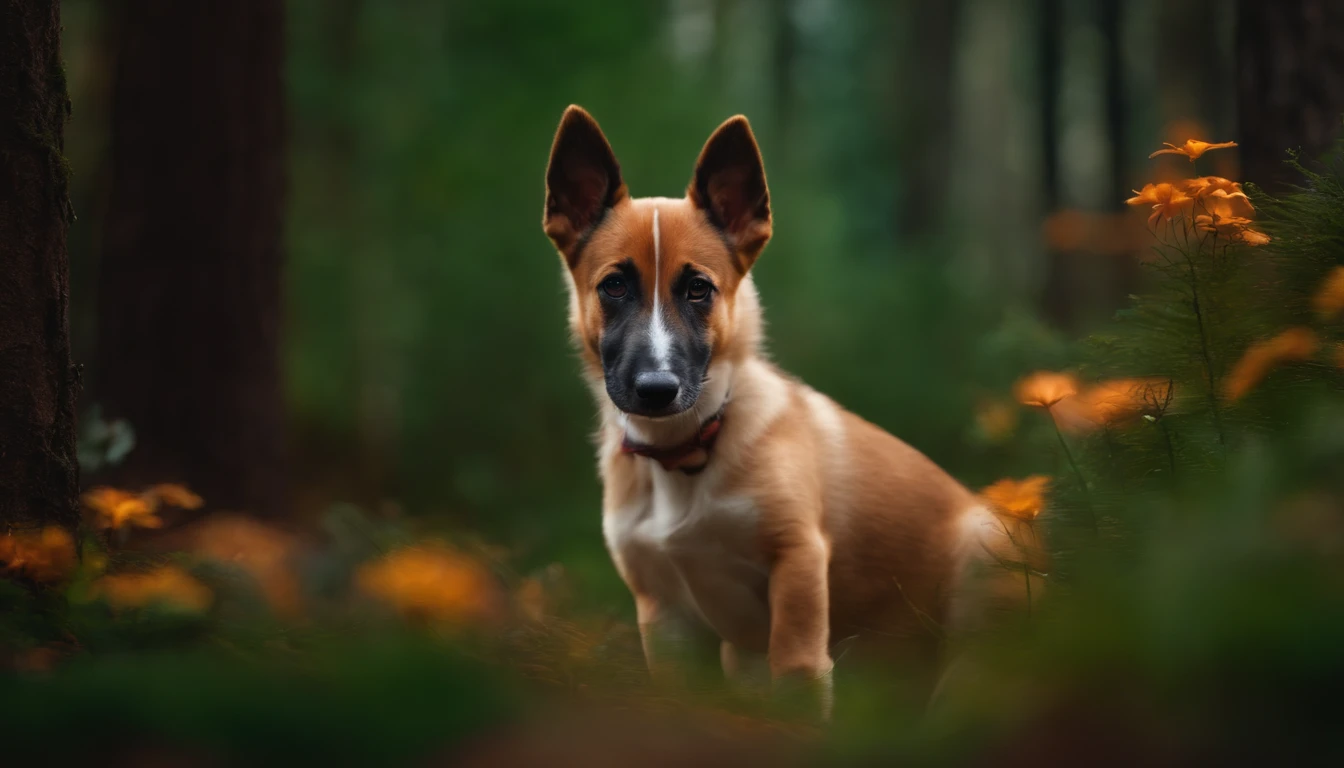 There is a dog that is standing in the grass with flowers - SeaArt AI