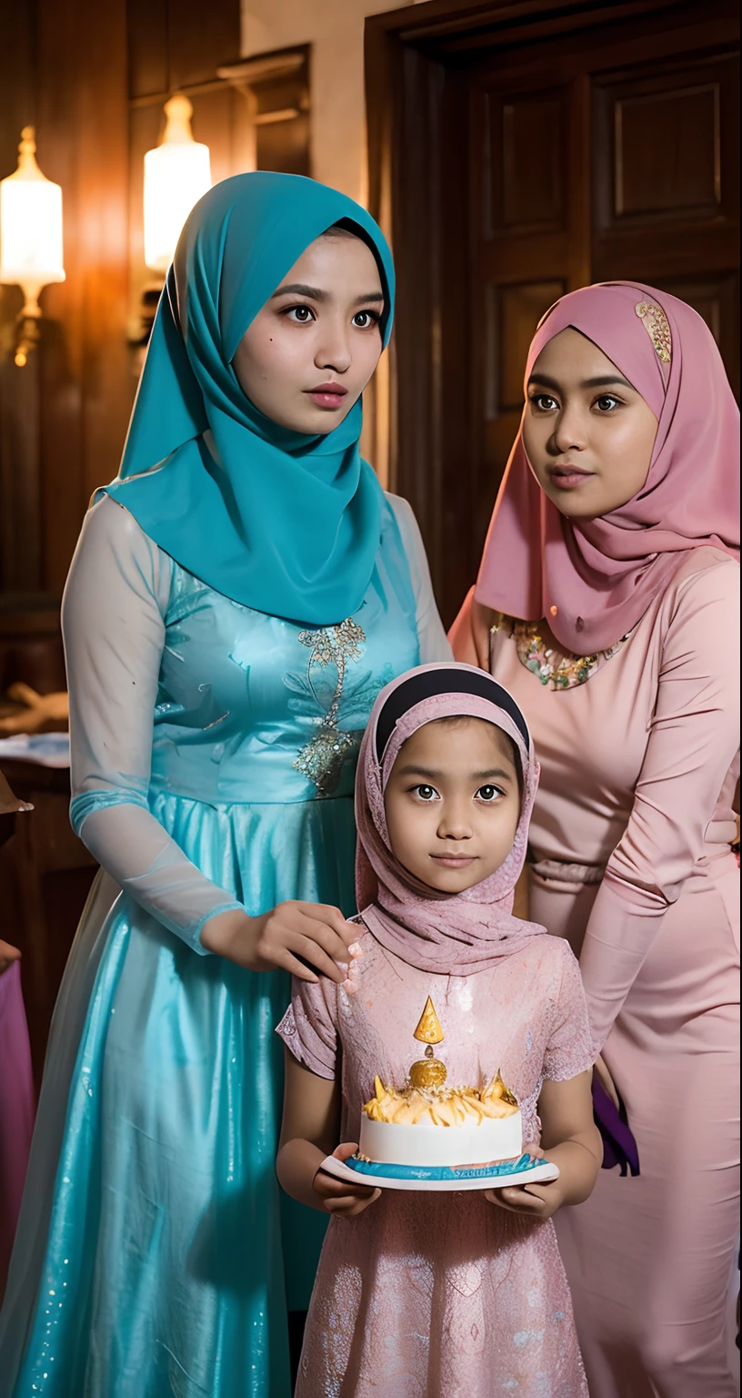 Design a dreamlike and enchanting portrait where three Malay girls in hijab embody the charm and grace of fairy tale princesses celebrating birthday, surrounded by a magical castle and whimsical creatures