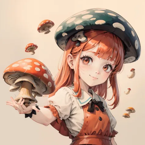 1girll, Orange hair, Red eyes, dress, (Solo:1.3),Simple drawing, Mushrooms and girls, Cute, Big smile, Mushrooms + Mushrooms + M...