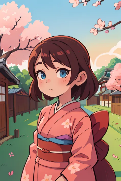 (girl,brown hair,sky-blue eyes,kimono with cherry blossom pattern,2 Japanese houses,flowering cherry tree,sunset),traditional Ja...