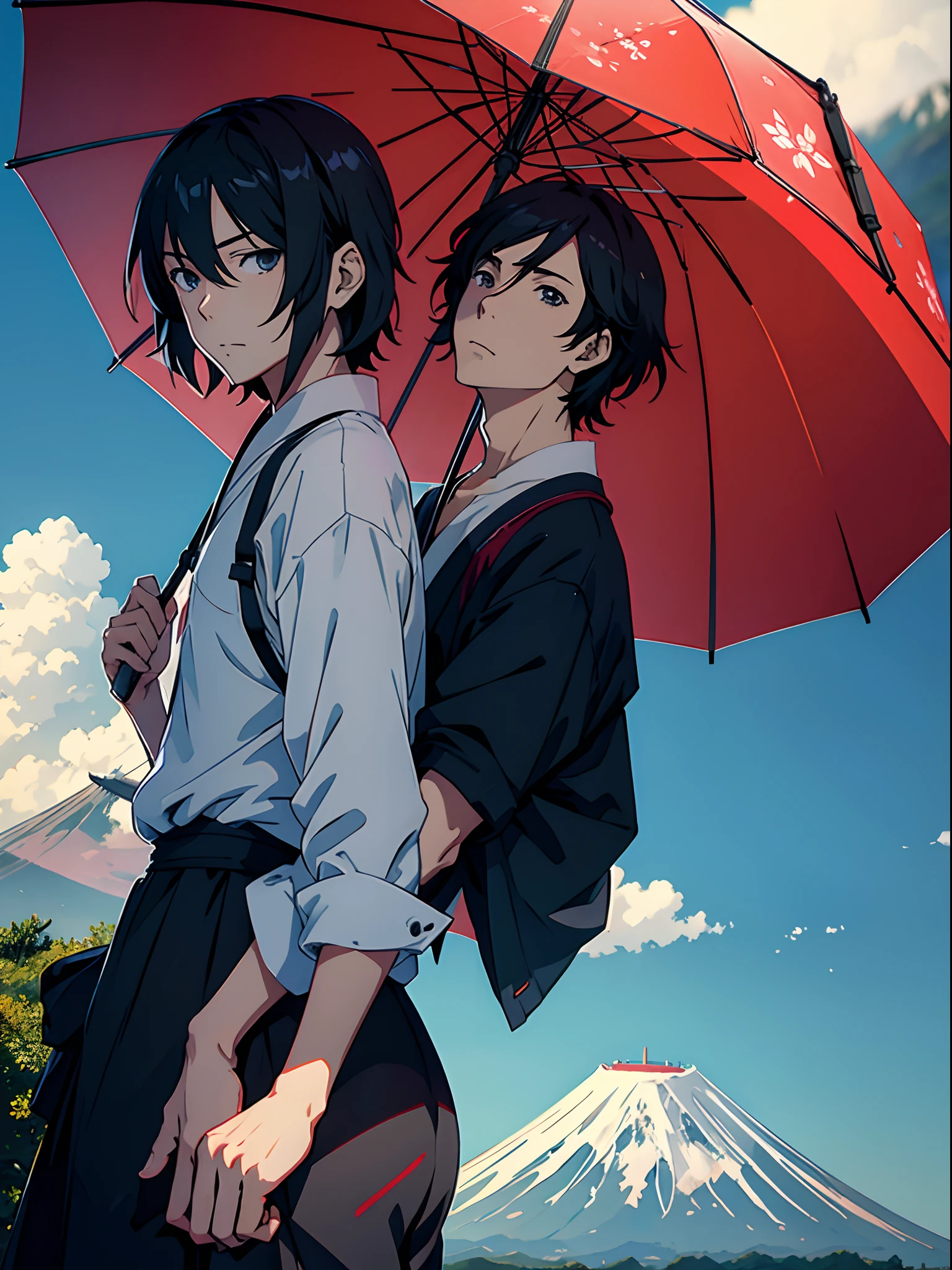 Anime couple with umbrellas standing in front of a mountain - SeaArt AI