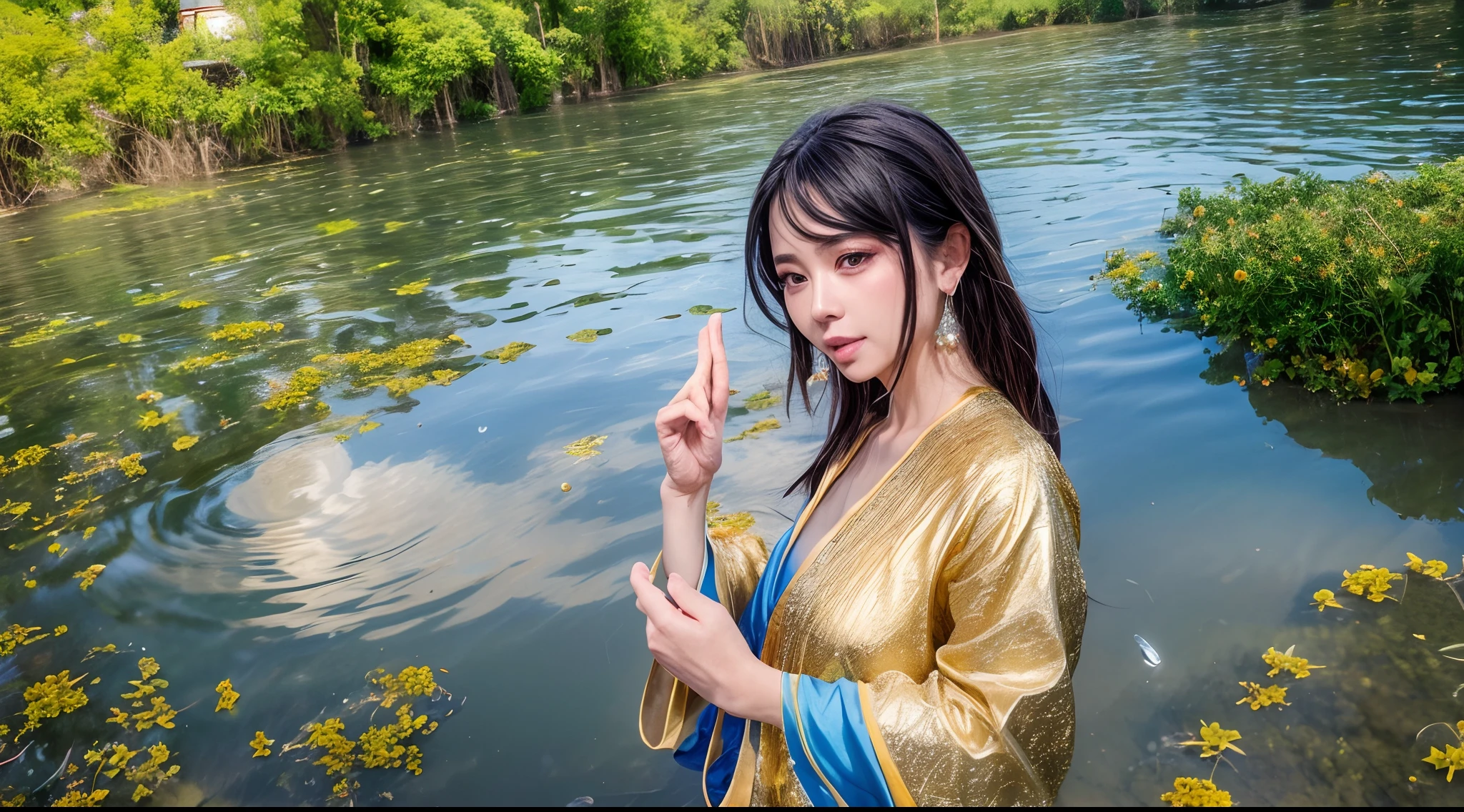 (Best quality,4K,A high resolution),(Realistic:1.37),Ultra-detailed,Loose robe, Tai Chi elements, Woman standing on top of a mountain, A glittering ball of water in the palm of her hand, tranquil ambiance, A mystical environment, Flowing energy, graceful movements, meditative state, Glittering sunlight, Peaceful nature, Ethereal colors, Soft shadows, Intricate robe patterns, Intricate details of water balloons, harmonious balance, peaceful expression, Gentle breeze, majestic landscape, Mist in the distance, Sun-kissed clouds, Tranquil lake, vibrant foliage, Birds soar in the sky, sparkling reflections, spiritual connection