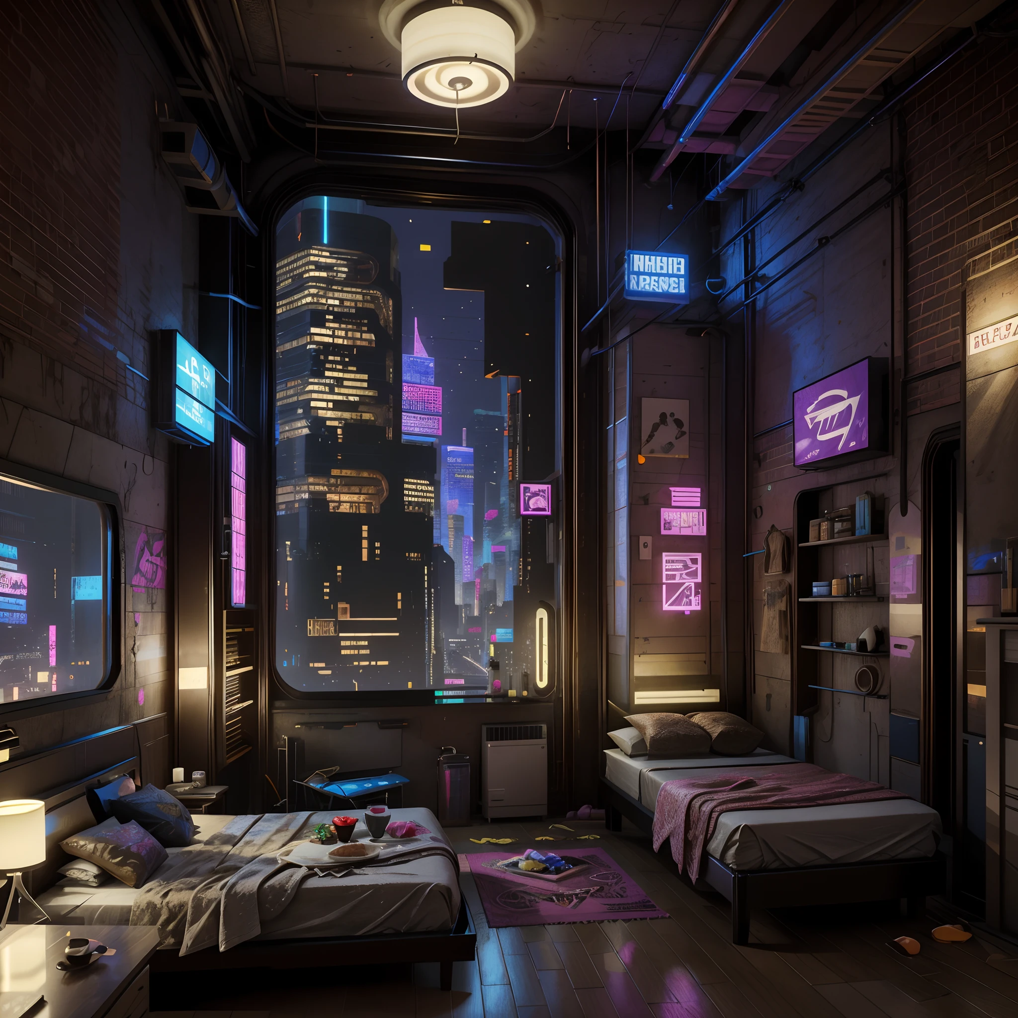 Esta é uma imagem de fantasia cyberpunk. Gere um quarto aconchegante cercado por uma cidade cyberpunk. O quarto funciona como um oásis no meio de uma caótica cidade cyberpunk. O quarto tem janelas. Pelas janelas do quarto o colorido, Muito detalhado, e uma bela e complexa paisagem urbana cyberpunk é visível. A imagem deve ser dinâmica, atraente e realista. (((Obra de arte))), (((melhor qualidade))), ((ultra-detalhado)),(ilustração CG altamente detalhada)