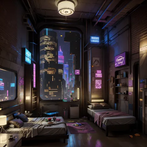 this is a cyberpunk fantasy image. generate a cozy bedroom surrounded by a cyberpunk city. the bedroom serves as an oasis in the...