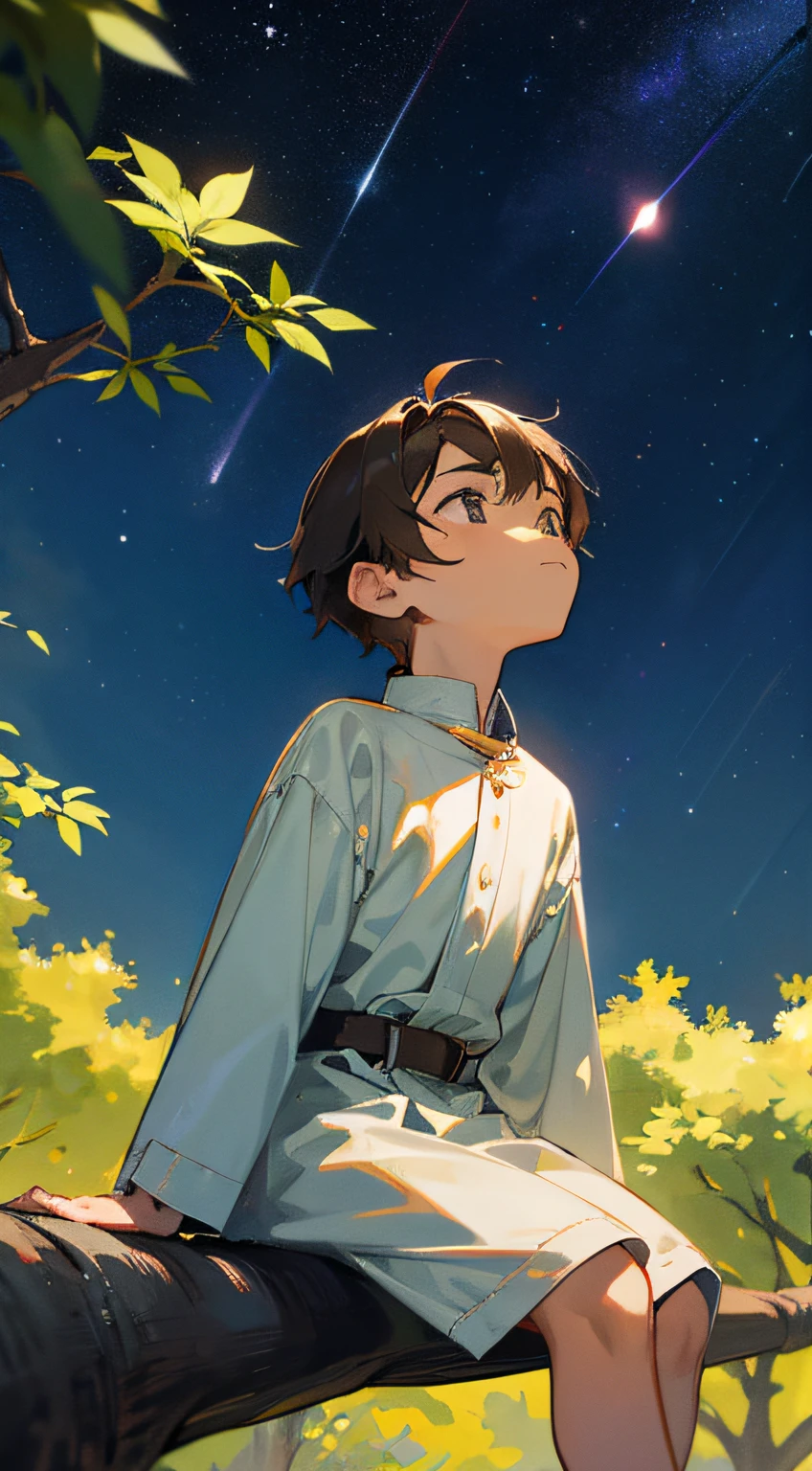 Show a young male  sitting under a tree, gazing up at the stars with wonder.