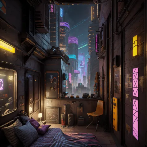 This is a cyberpunk fantasy image. Generate a cozy bedroom surrounded by a cyberpunk city. The bedroom serves as an oasis in the...