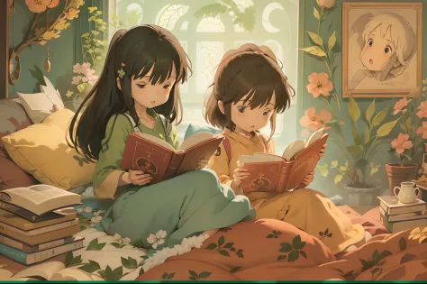 a digital illustration of two lolis immersed in reading on a bed, in the style of hayao miyazaki, with enchanting details, warm ...