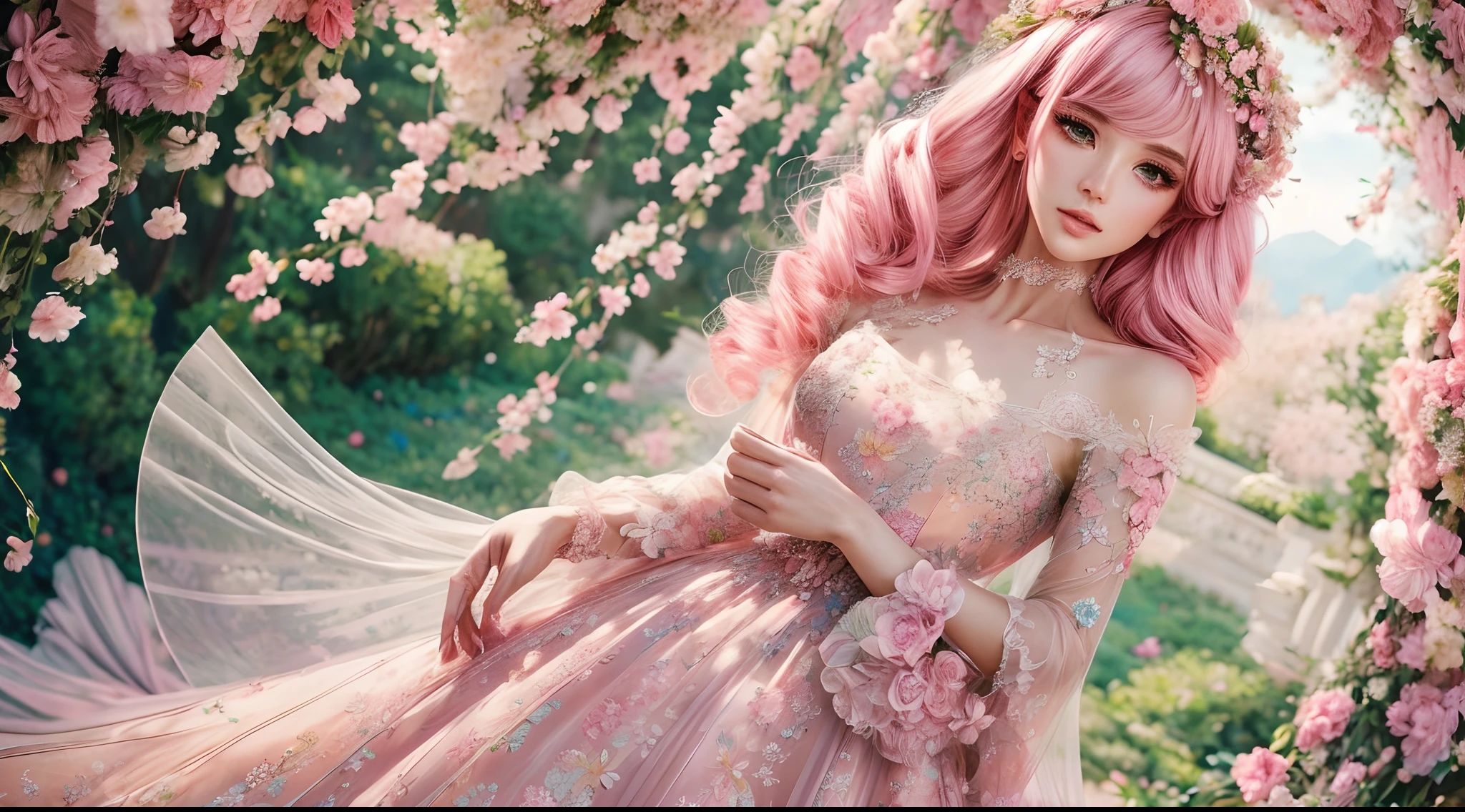 Pink-haired girl，Transparent floral dress,Delicate and detailed floral pattern,Beautiful embroidered flowers,Vibrant colors,high-quality fabric,Breezy silhouette,elegant design,Delicate lace trim,Feminine and romantic style,Amazing,floral patterns, Complex stitching,ornate flowers,Petals bloom,Vivid and realistic flowers,Elegant and ethereal,flower garden in the background,Soft and natural lighting,Blooming beauty,haute couture fashion,Floral-themed masterpiece,A clever combination of nature and fashion,Realistic floral depictions,Elaborate dresses,Exquisite craftsmanship,Floral fantasy.