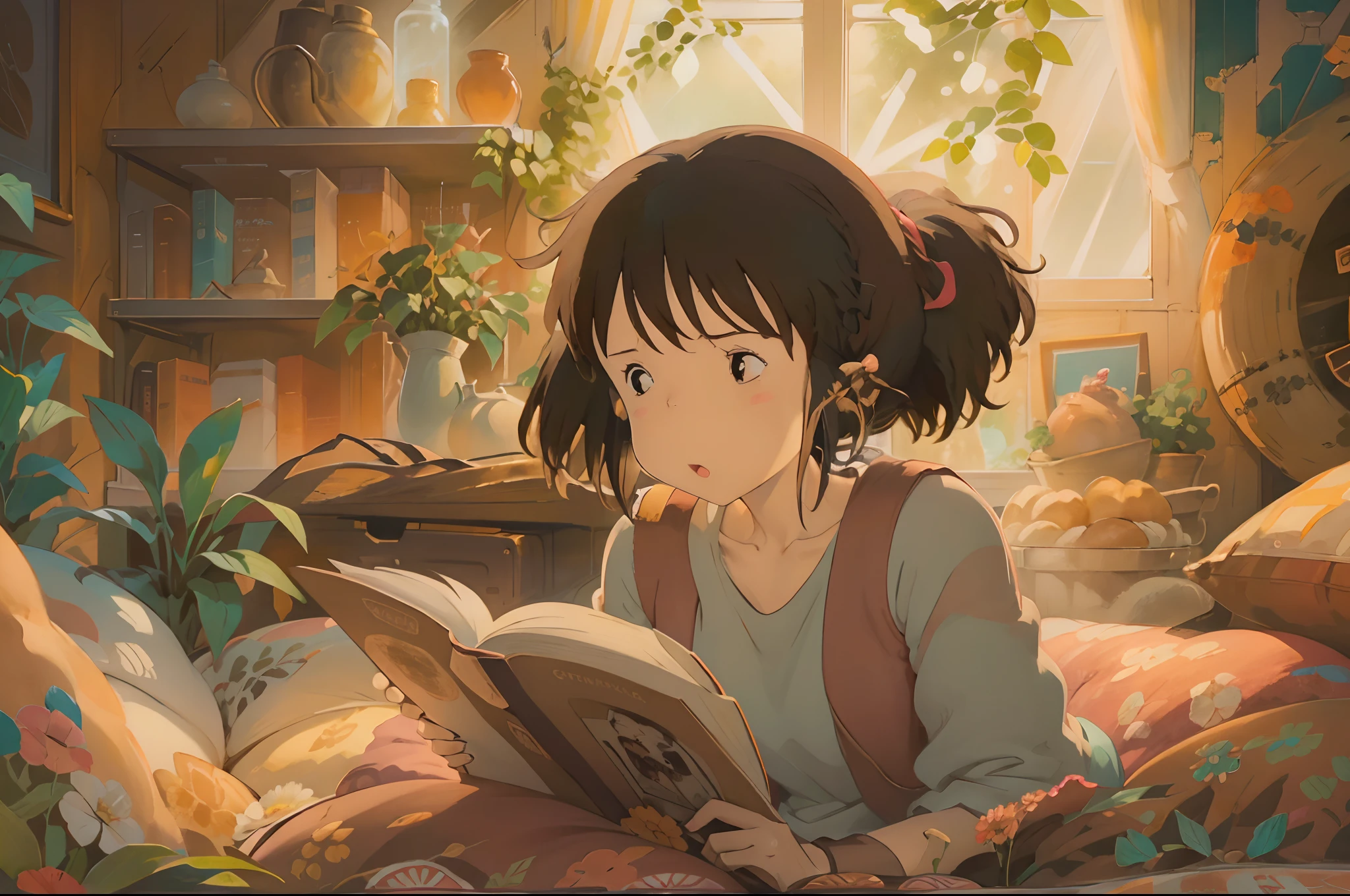 A digital illustration of 2 girls fully engrossed in reading on a comfortable bed, inspired by Hayao Miyazaki's style. The artwork should be filled with enchanting and captivating details, radiating a touch of fantasy. The girls should have beautiful, captivating eyes that are intricately detailed, as well as wonderfully delicate lips. The scene should be visually appealing, featuring a cozy and inviting environment.

The illustration should be created using various mediums, such as digital illustration, to enhance the overall visual effect. The attention to detail should be remarkable, ensuring that every element is depicted with utmost precision. The image should possess an extremely high quality, with a resolution of 4k or 8k, and be a masterpiece in its own right.

The style of the artwork should capture the essence of Hayao Miyazaki's renowned works, presenting a unique blend of imagination, storytelling, and vibrant visuals. The colors used should be warm and inviting, creating a soothing and cozy atmosphere. The lighting should be skillfully rendered, illuminating the scene in a soft and gentle manner.

Overall, the illustration should transport viewers into a world of wonder and magic, where they can fully immerse themselves in the joy of reading. The combination of Miyazaki's iconic style, enchanting details, warm tones, and a hint of fantasy should come together to create an awe-inspiring and captivating piece of art.