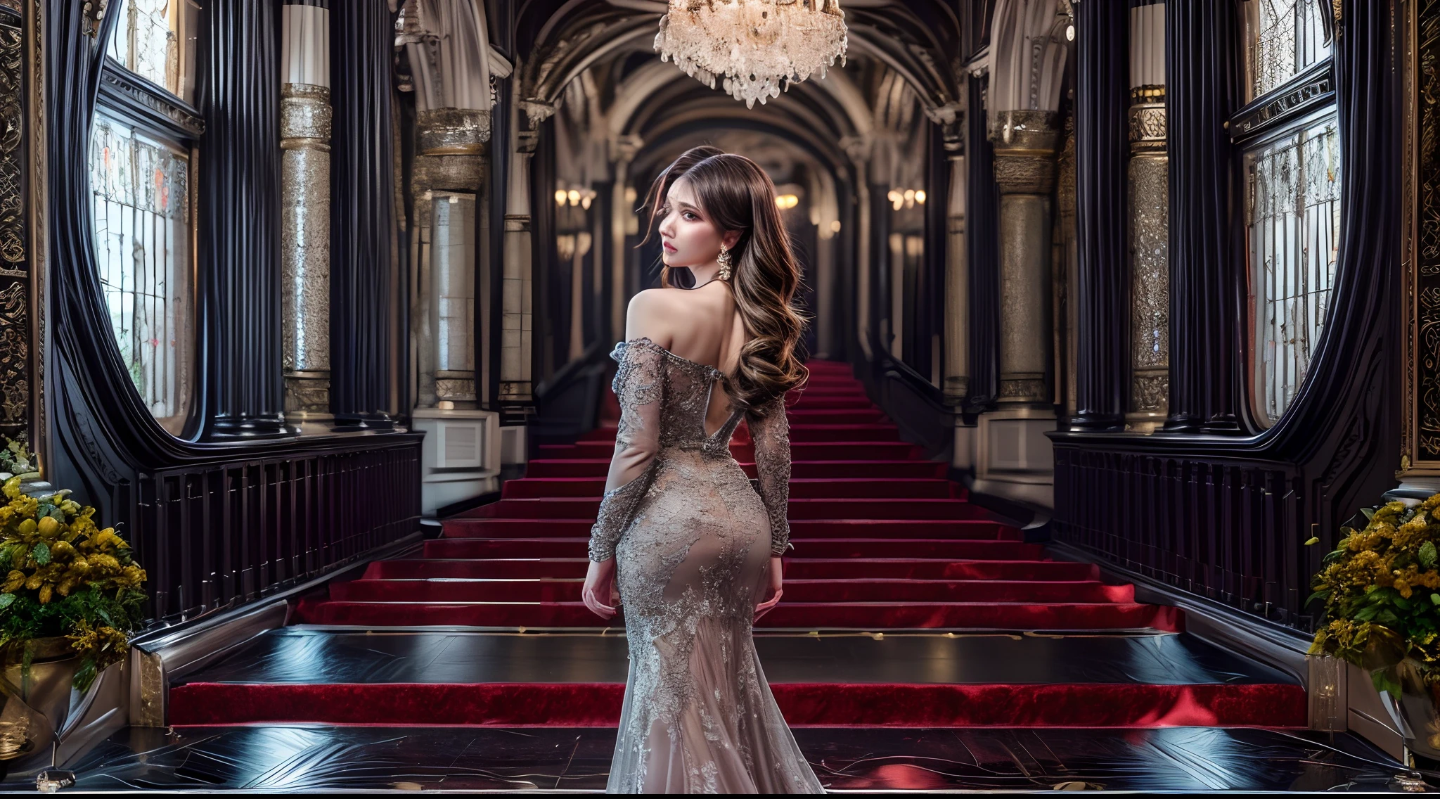 (Best quality,4K,8K,A high resolution,Masterpiece:1.2),Ultra-detailed,(Realistic,Photorealistic,photo-realistic:1.37), A woman with a perfect figure and face, Wearing a black, Sexy, Lace, Openwork evening dress, Walk the red carpet of the banquet.