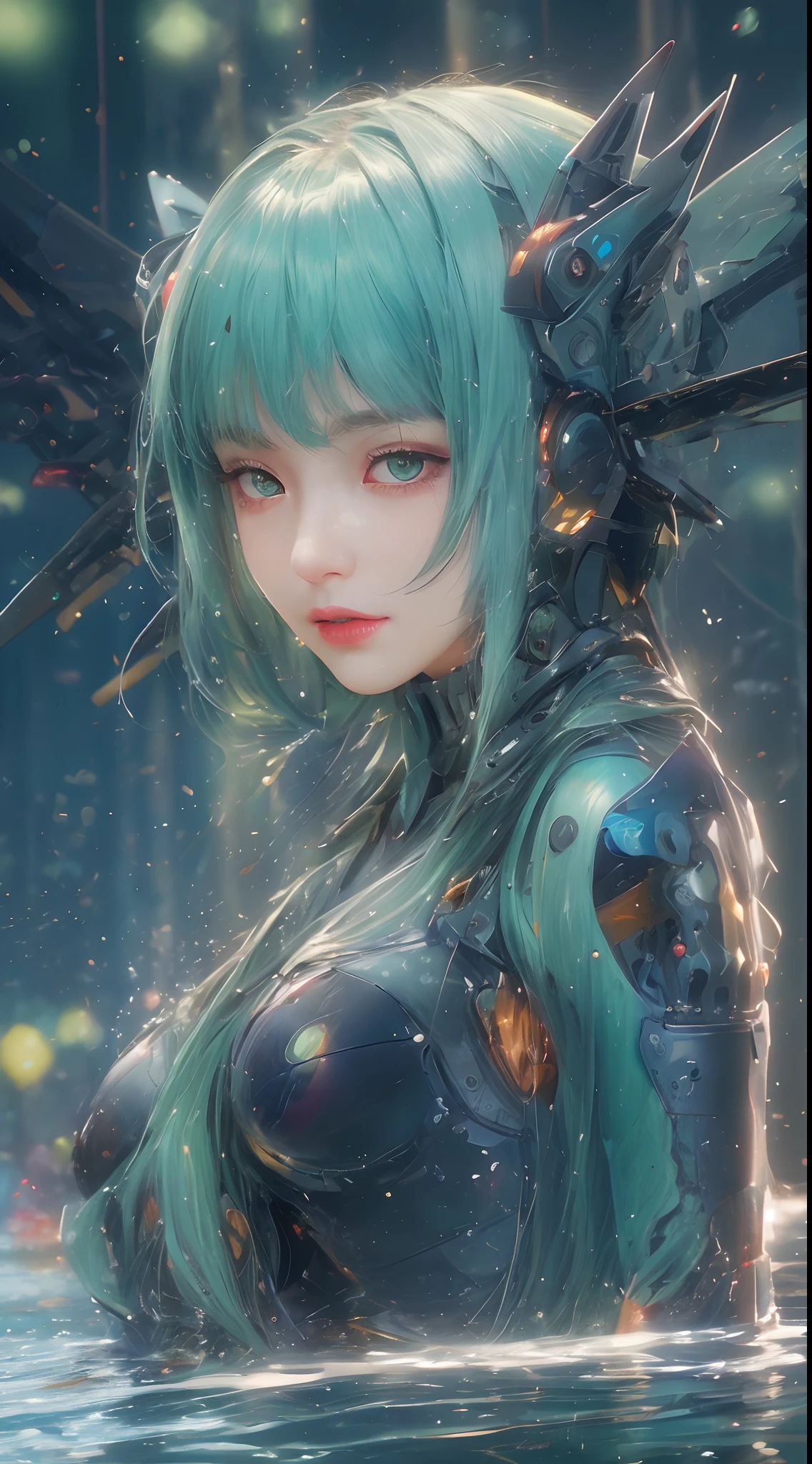 (A complex green-haired woman，Mecha joints and wing radiation, Quiet and dignified, Standing in the water), High-res, Ultra-detailed, Realistic, Vibrant colors, Bokeh, Studio lighting.