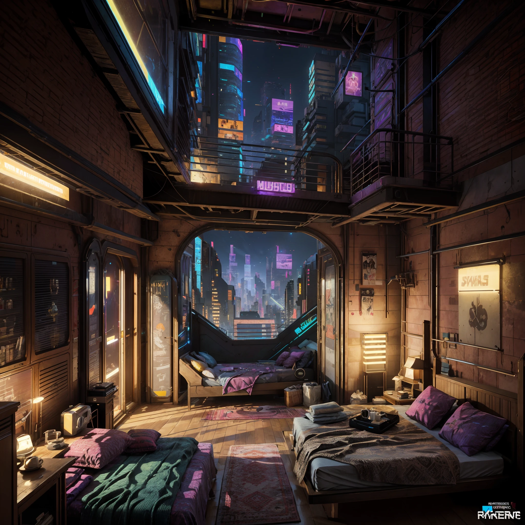 This is a cyberpunk fantasy image. Generate a cozy bedroom surrounded by a cyberpunk city. The bedroom serves as an oasis in the middle of a chaotic cyberpunk city. The bedroom has windows. Through the bedroom's windows the colorful, very detailed, and beautifully complex cyberpunk cityscape is visible. The image should be dynamic and compelling and realistic. (((masterpiece))), (((best quality))), ((ultra-detailed)),(highly detailed CG illustration)